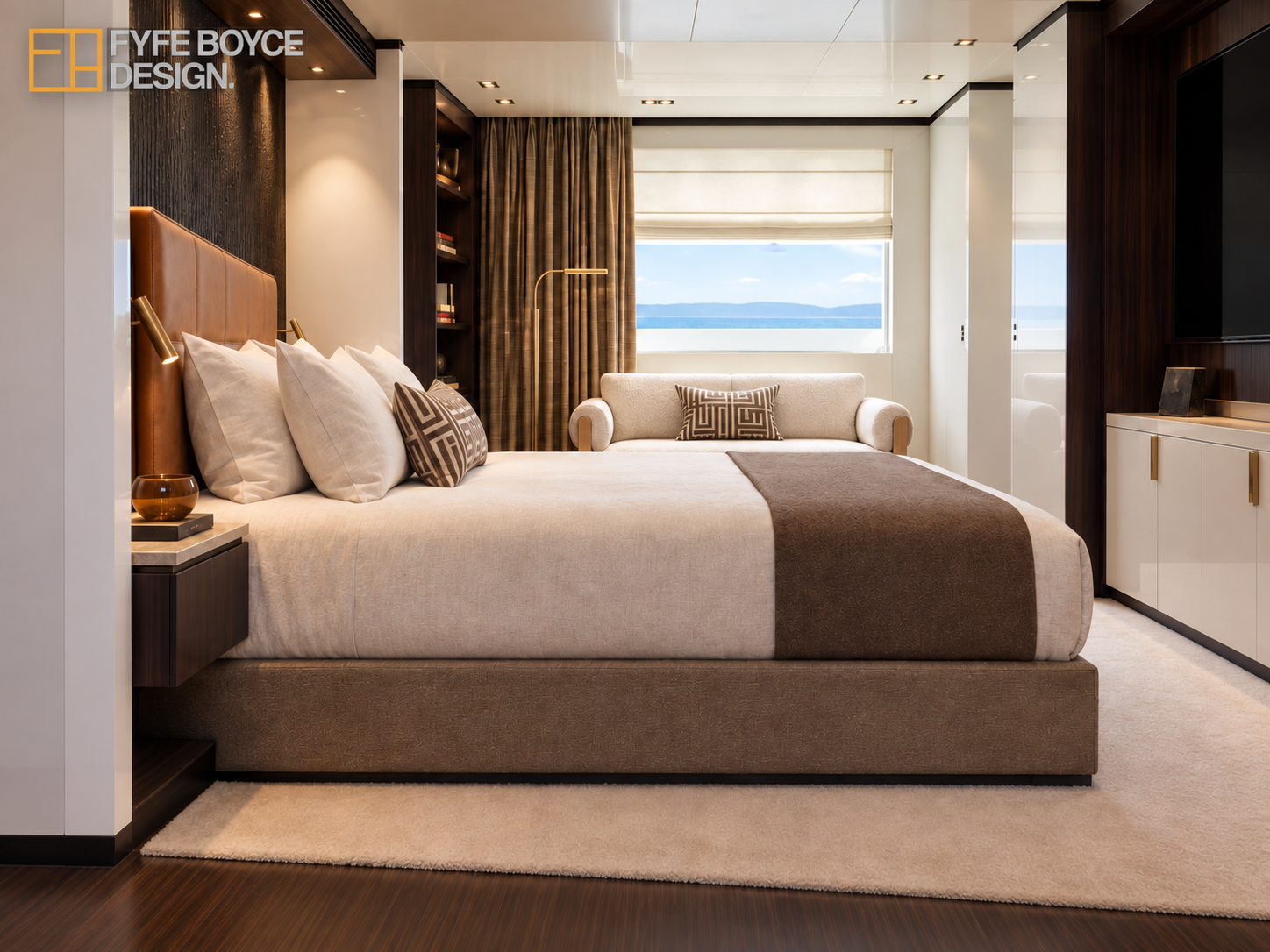 Side view of the Lucky Me bedroom concept, showing the upholstered bed, seating and sea-facing window.