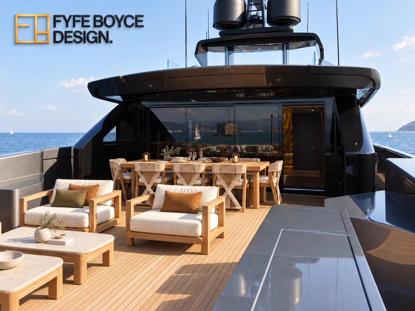 Lucky Me yacht deck concept with timber armchairs, pale cushions and an outdoor dining setting.