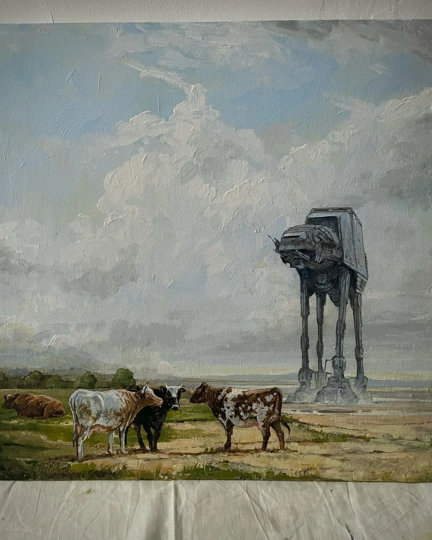 A recent commission, combining a 19th century Charles Collins landscape with an AT-AT from Star Wars #starwars #landscapepainting #oilpainting #oldmasterpaintings #edinburghart #edinburghartist #portobello #scottishart #atat #empirestrikesback #hoth 