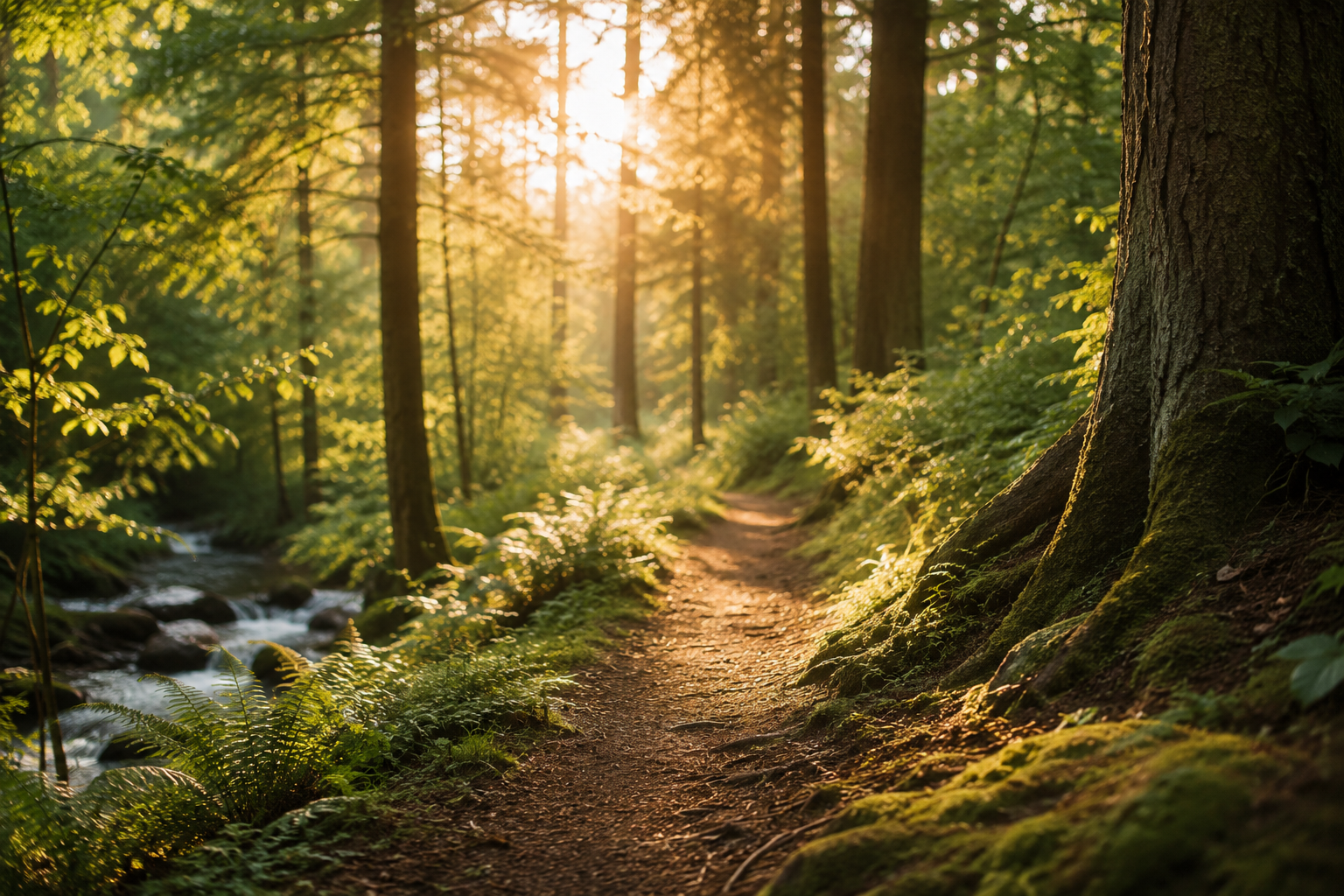 A sunlit forest trail with tall trees and green foliage, a moss-covered root on the right, and a small stream on the left, illuminated by golden sunlight.