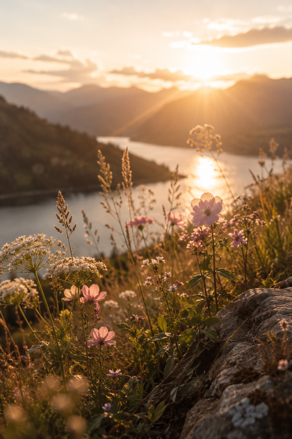 Flowers growing on a hillside overlooking a river at sunset with mountains in the background.