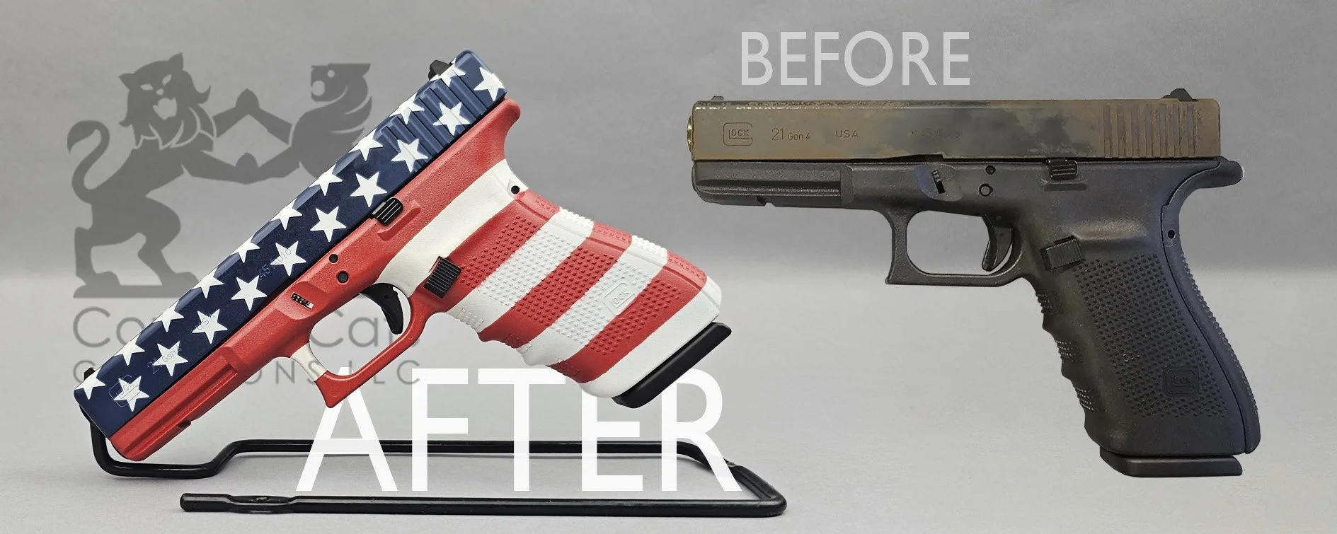 Glock 21 Gen 4 before and after custom Americana stars-and-stripes Cerakote finish. Rust and wear gave way to a fresh new identity.