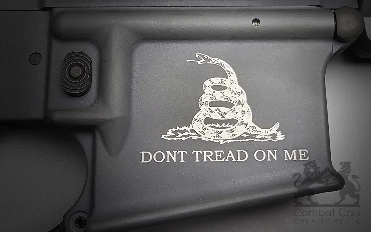 AR-15 featuring "Don't Tread On Me" laser engraving, honoring American independence.
