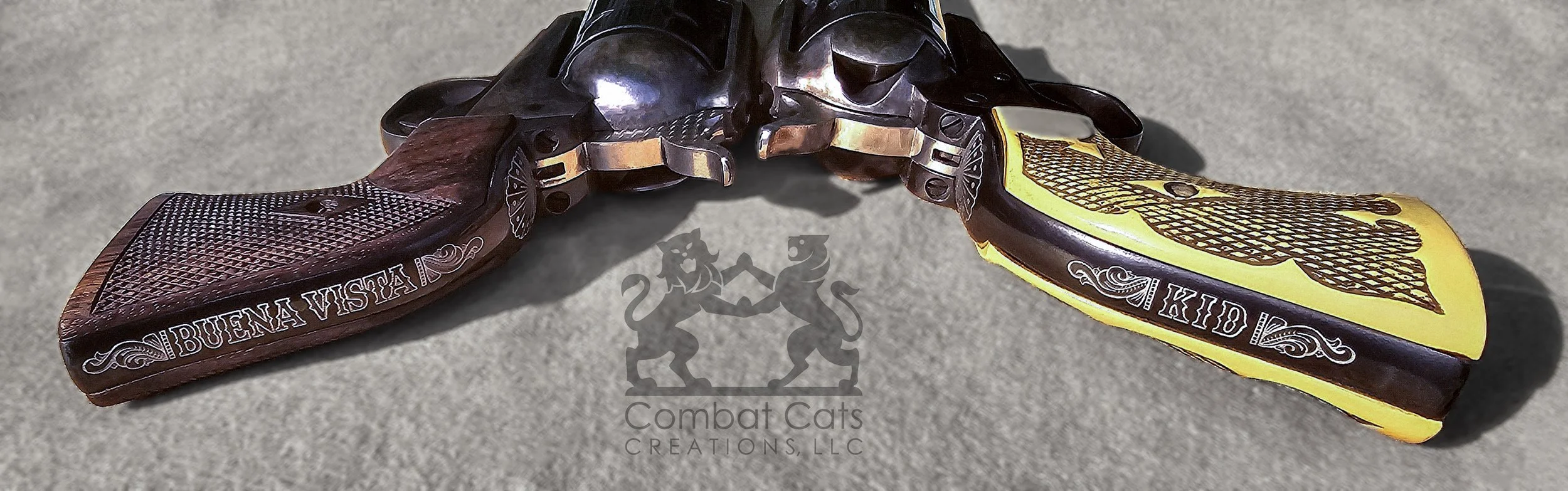 Colt Single Action Army revolvers featuring “Buena Vista Kid” laser engraving, designed to display the owner’s name when holstered.