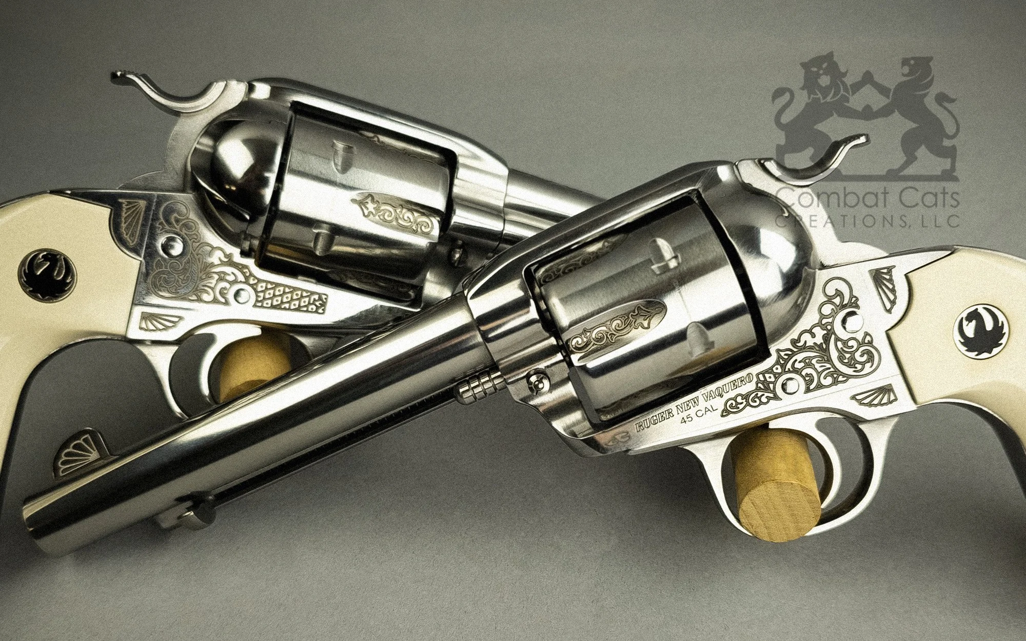 Ruger Vaquero Bisley revolvers featuring classic scrollwork and geometric laser engraving.