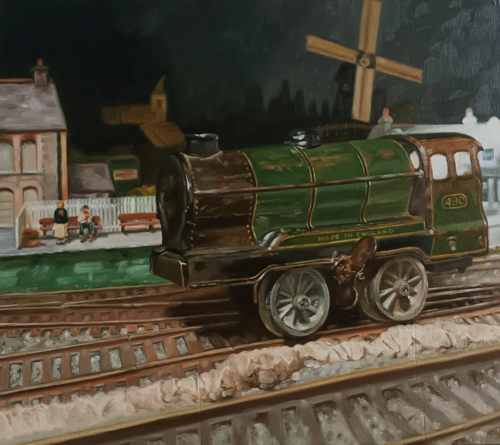 Tin Train (oil on wood, 15" x 13.25")