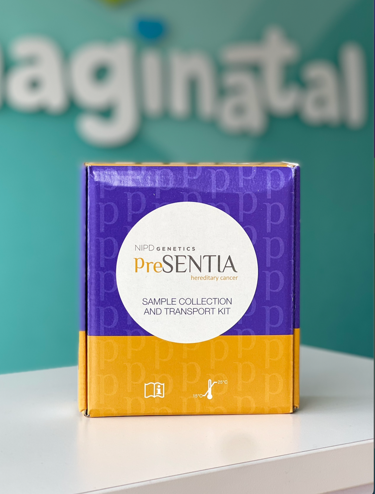 Close-up of a PreSENTIA hereditary cancer sample collection and transport kit displayed at Imaginatal.