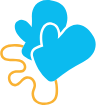 Illustration of two blue mittens connected by a yellow string.