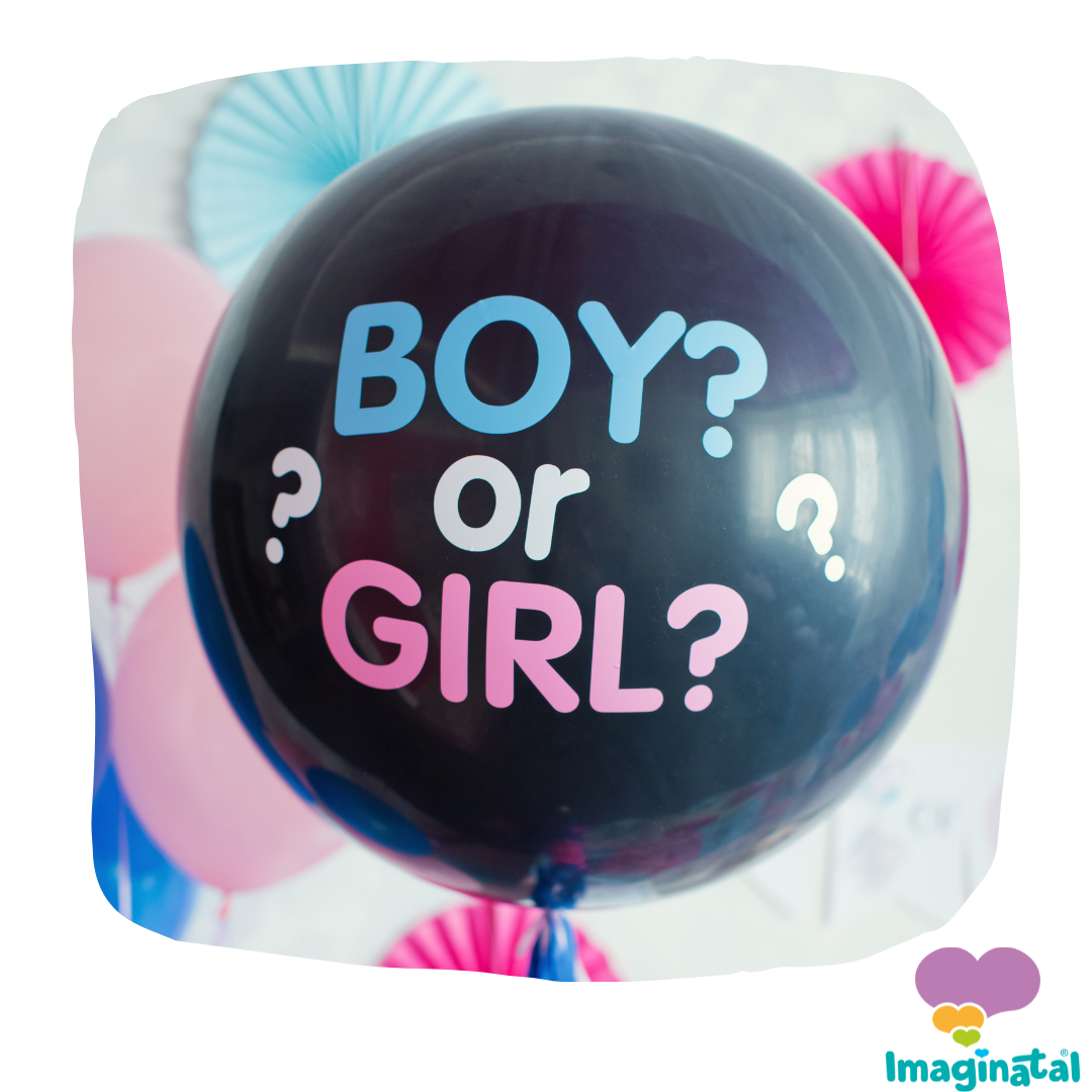 Large black gender reveal balloon with “Boy or Girl?” text used for Imaginatal gender scan celebrations