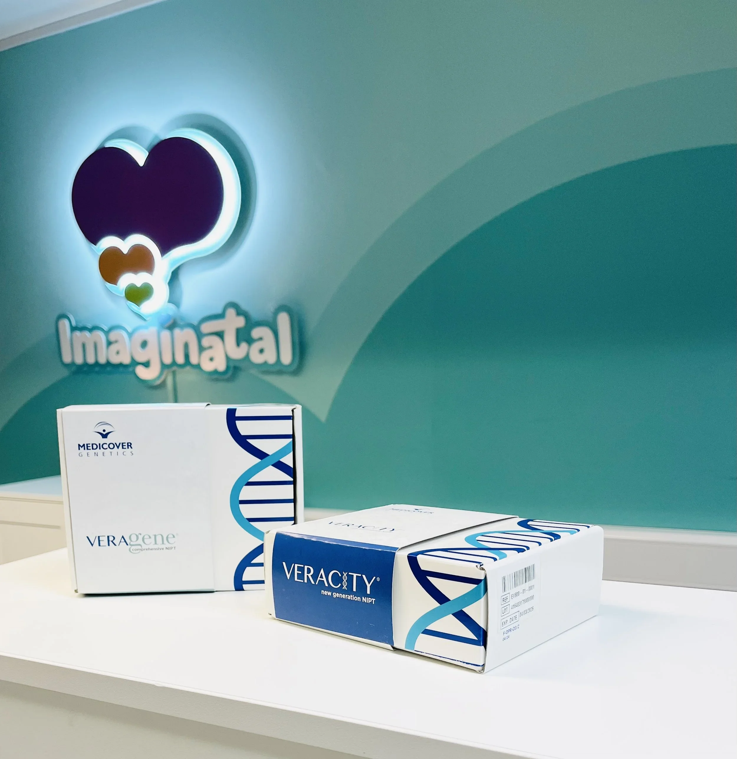 NIPT blood test kit boxes at Imaginatal clinic (Veracity and Veragene by Medicover Genetics)