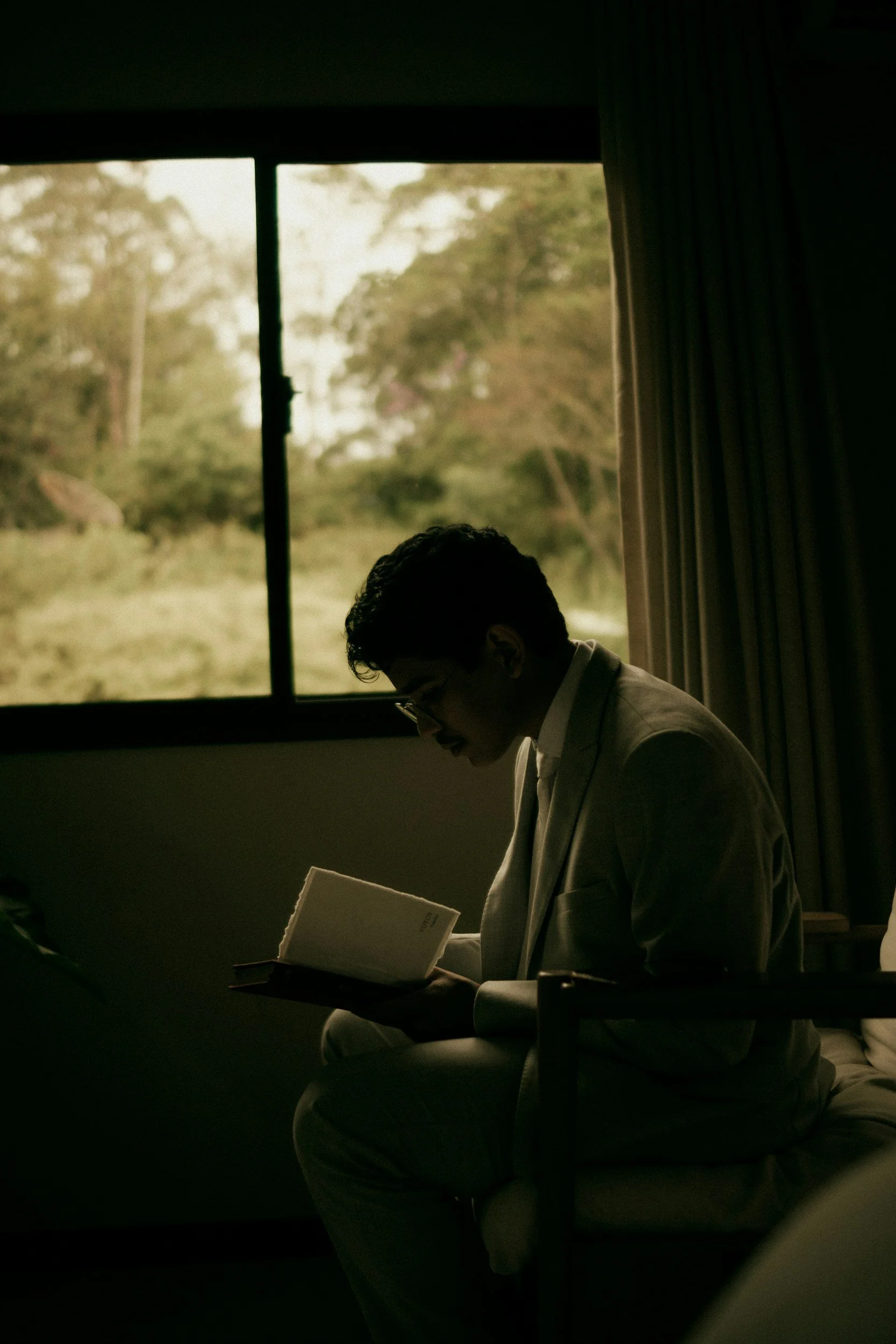 Person reading by a window overlooking a green landscape.