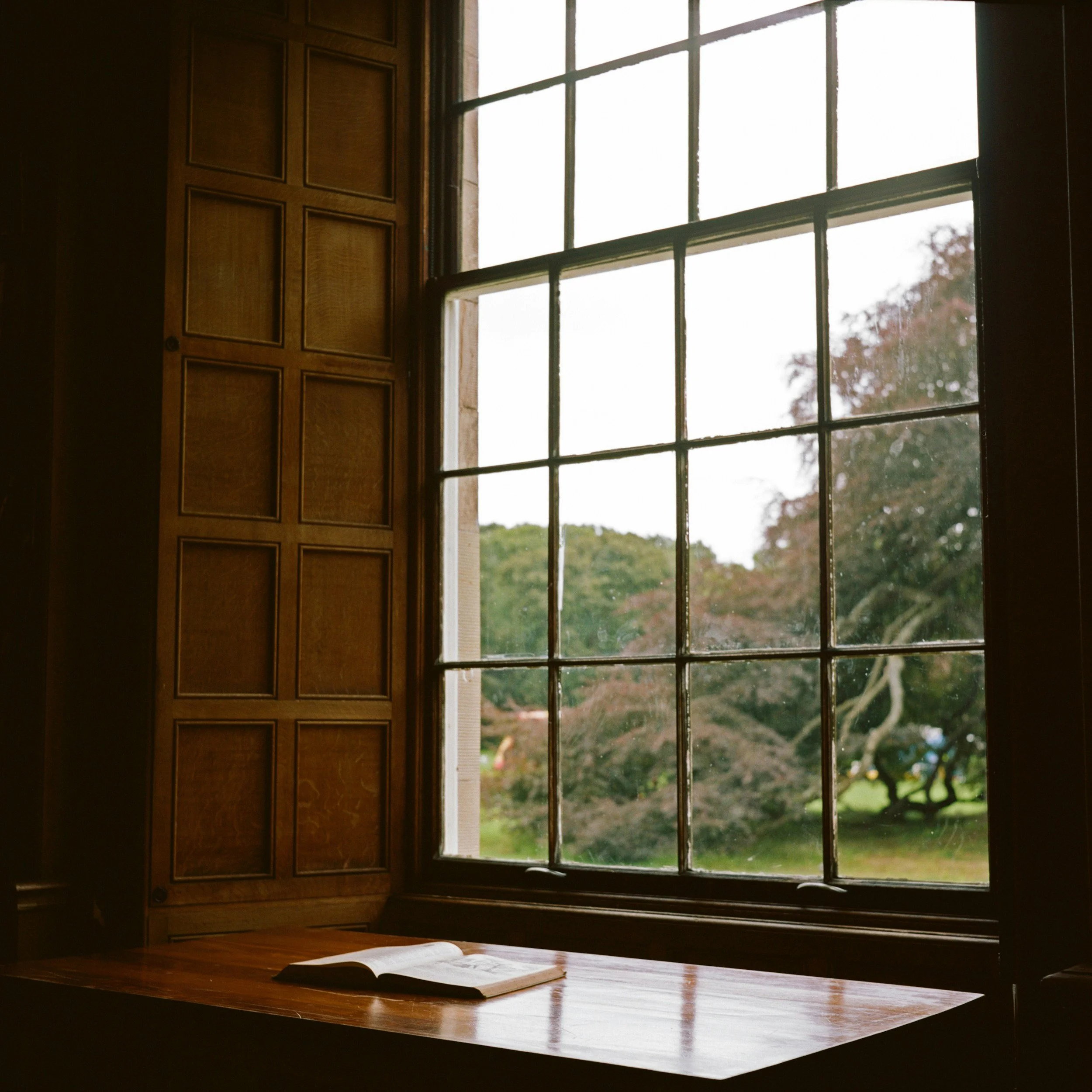 An open book lays on a wooden table right in front of a window overlooking a grassy green landscape.
