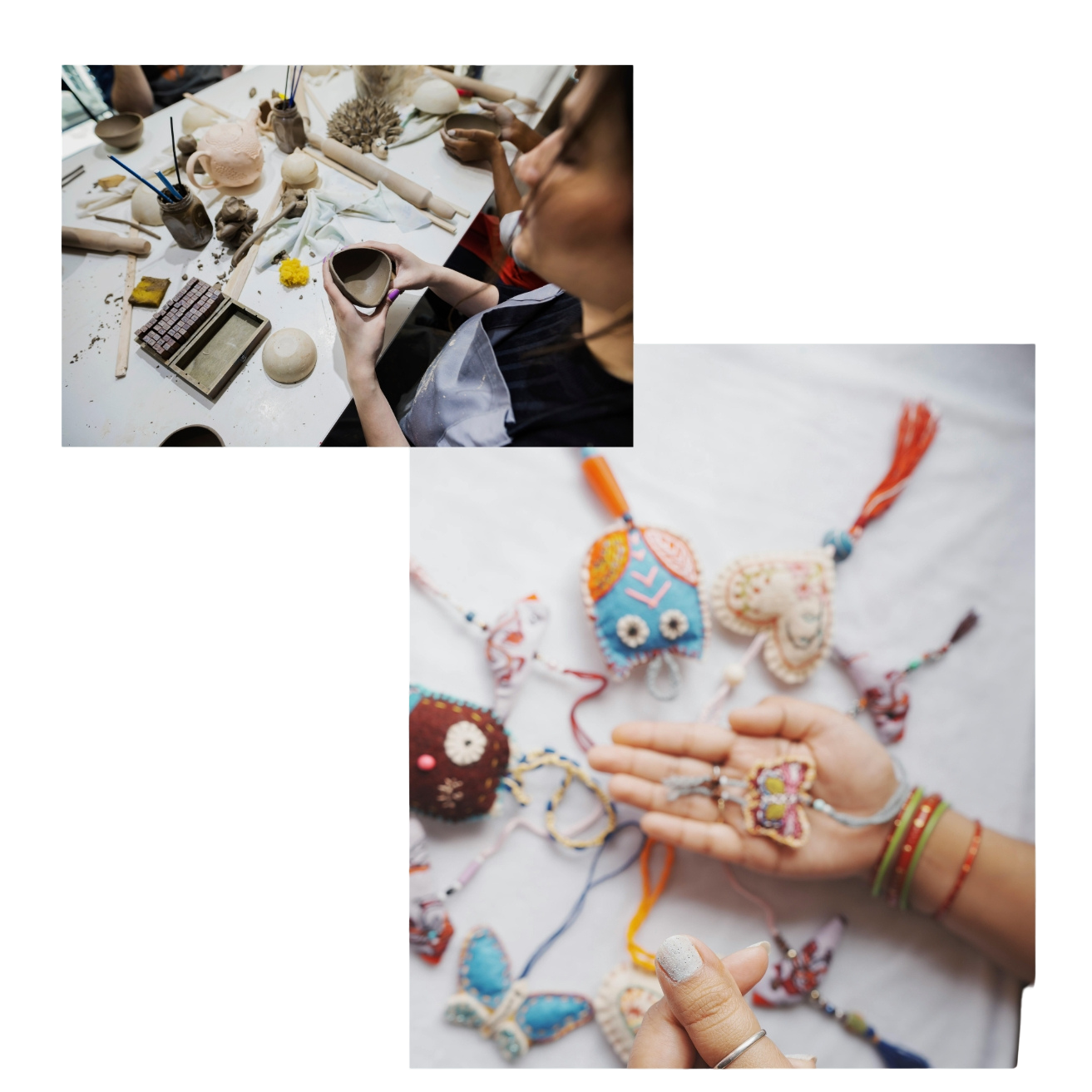 A person working with pottery on a cluttered table and various handmade colorful craft jewelry displayed on a white surface.