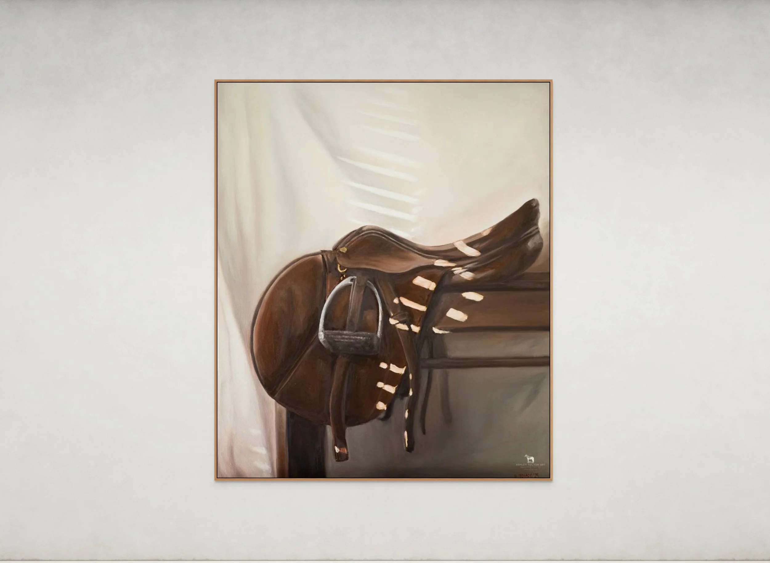 Painting of a brown leather saddle hung on a wooden rack against a light background.