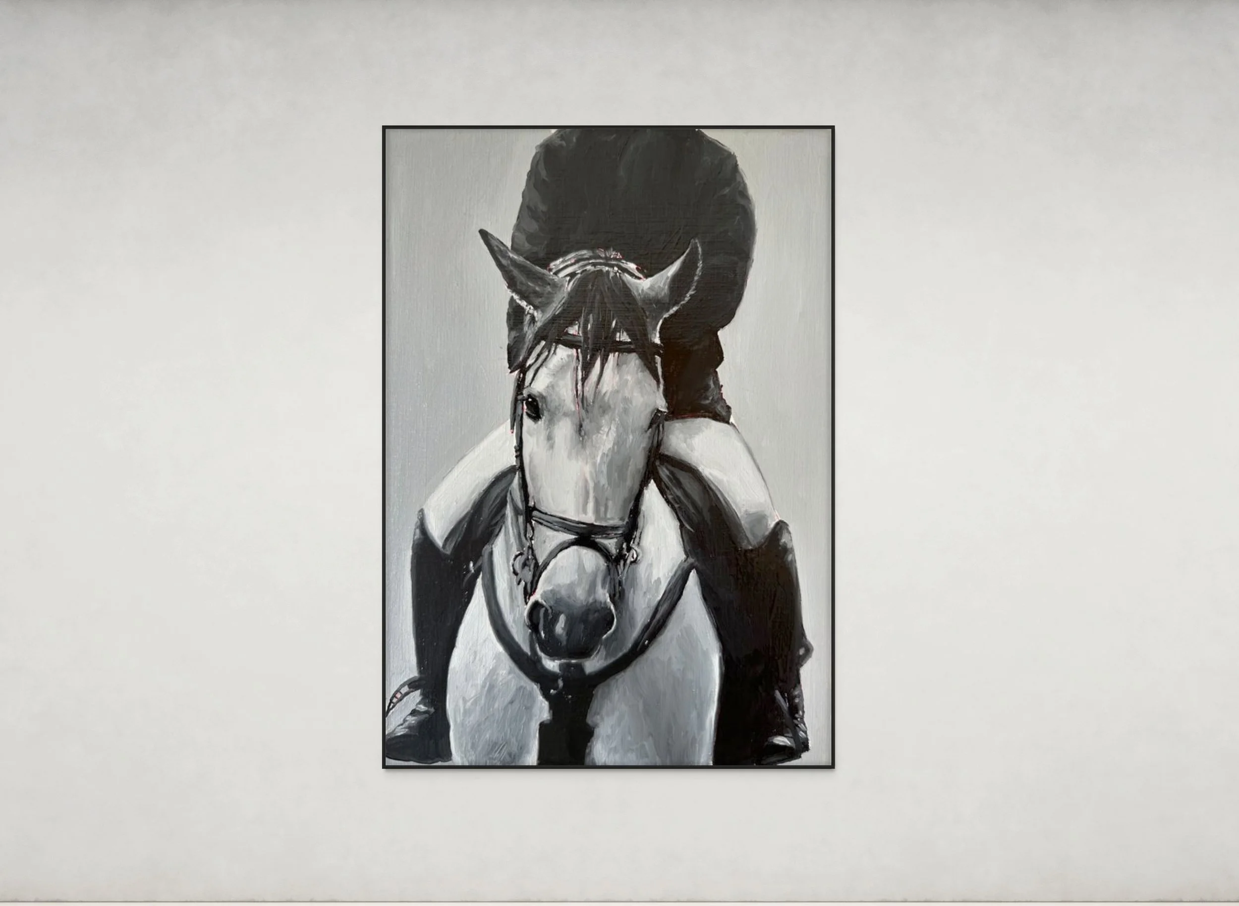 Painting of a horse with a rider in monochrome colors, focusing on the horse's head and front legs.