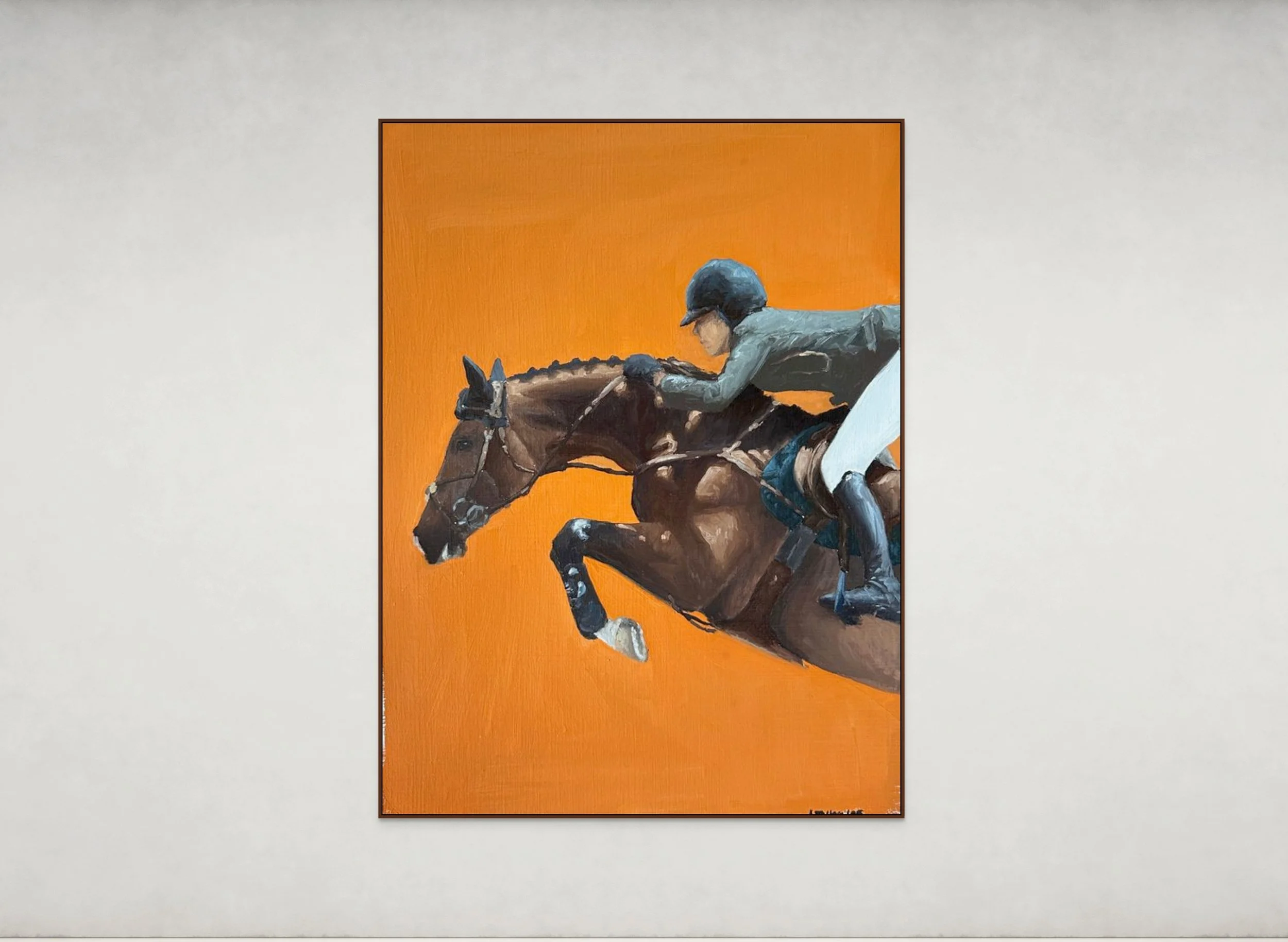 equestrian portrait of a horse jumping with hermes orange. oil painting