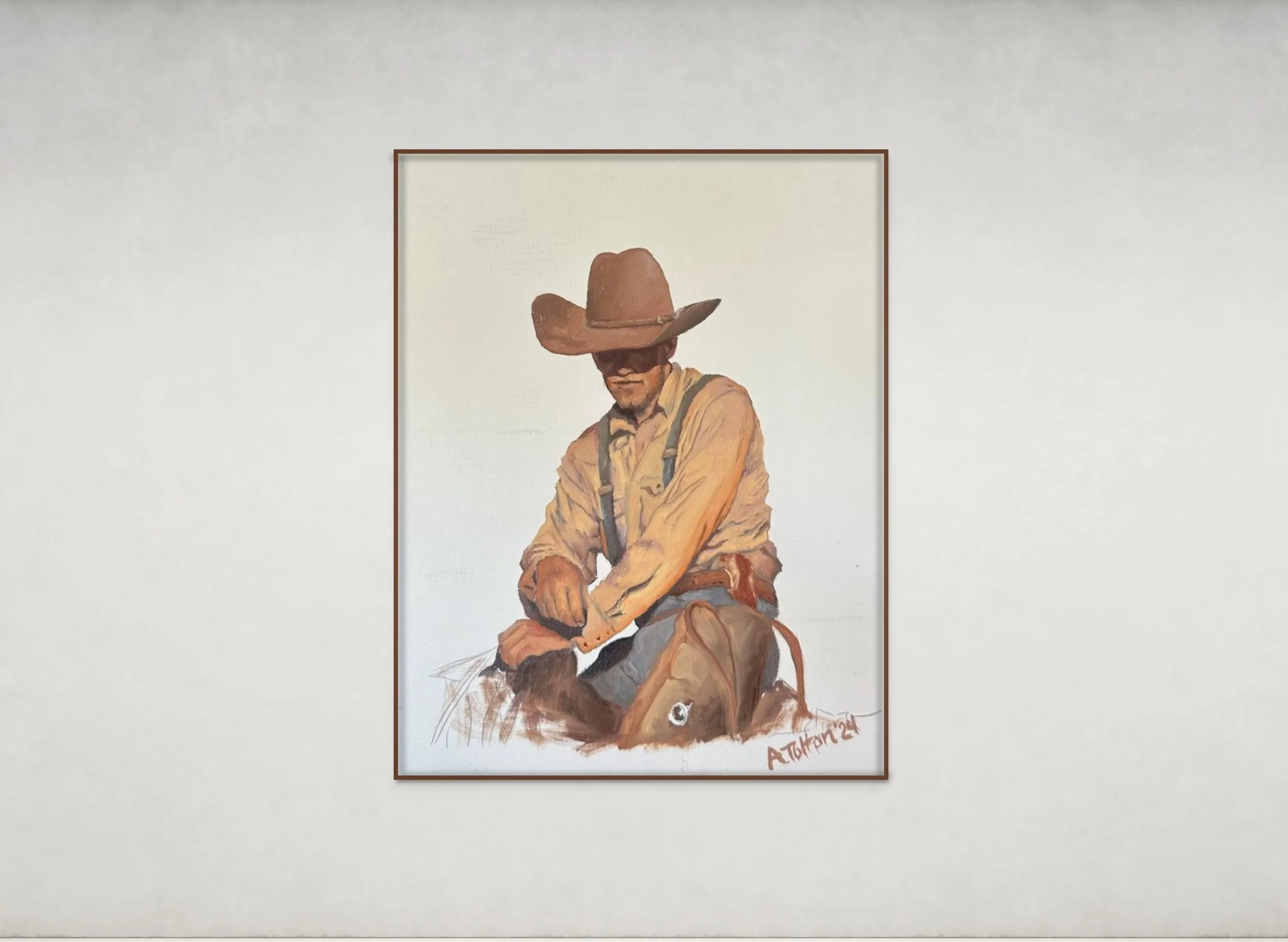 Painting of a cowboy wearing a hat and riding gear, signing a paper, set against a plain background.