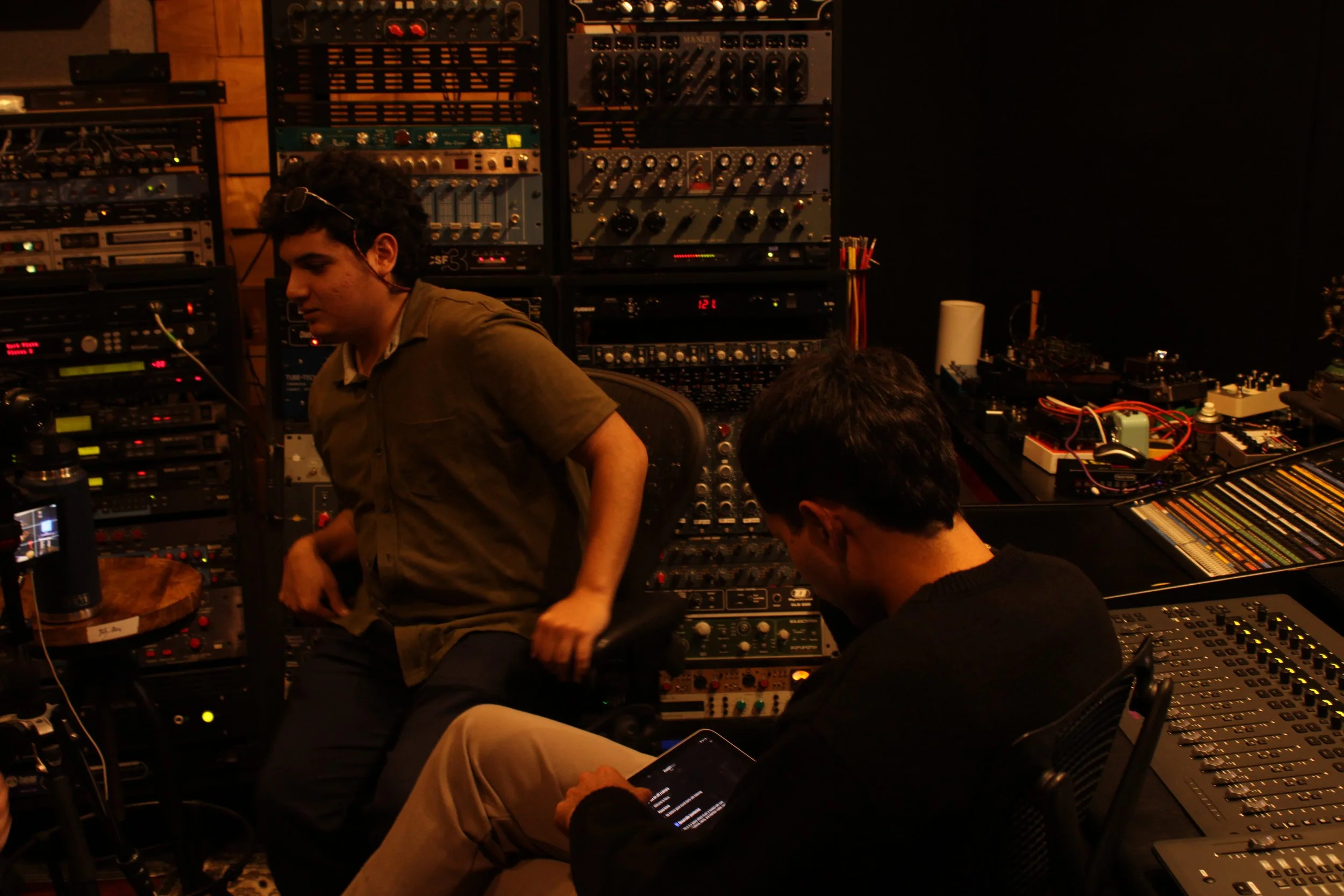 Studio session with multitrack audio project open