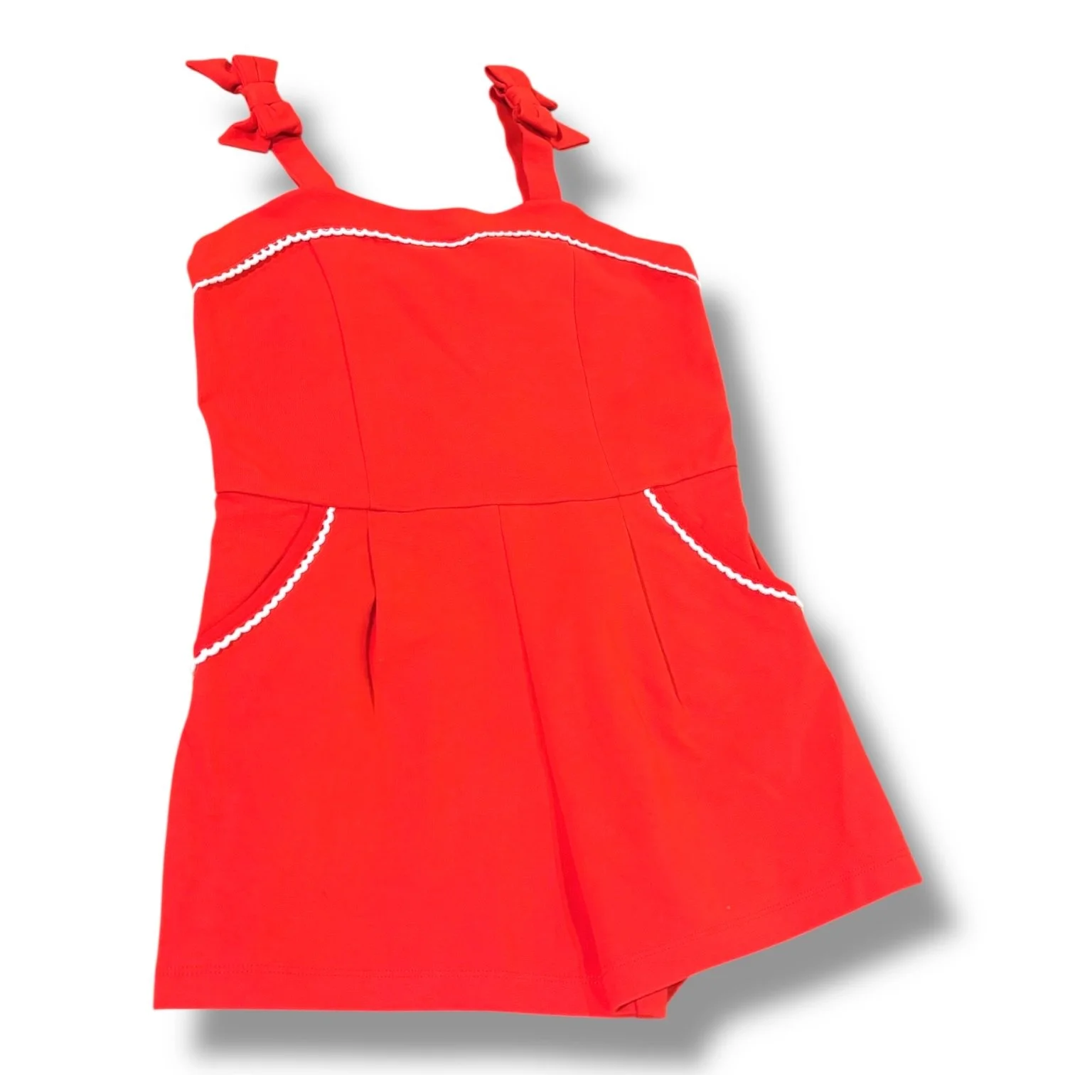 Size 8 Janie and Jack red romper w/ shoulder bows, white trim
