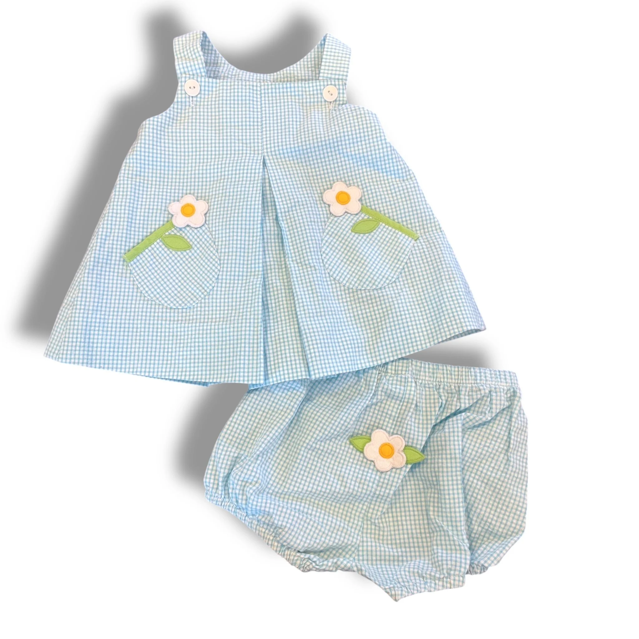 Size 6 month Florence eiseman blue/white check tank dress with bloomers, flower pockets