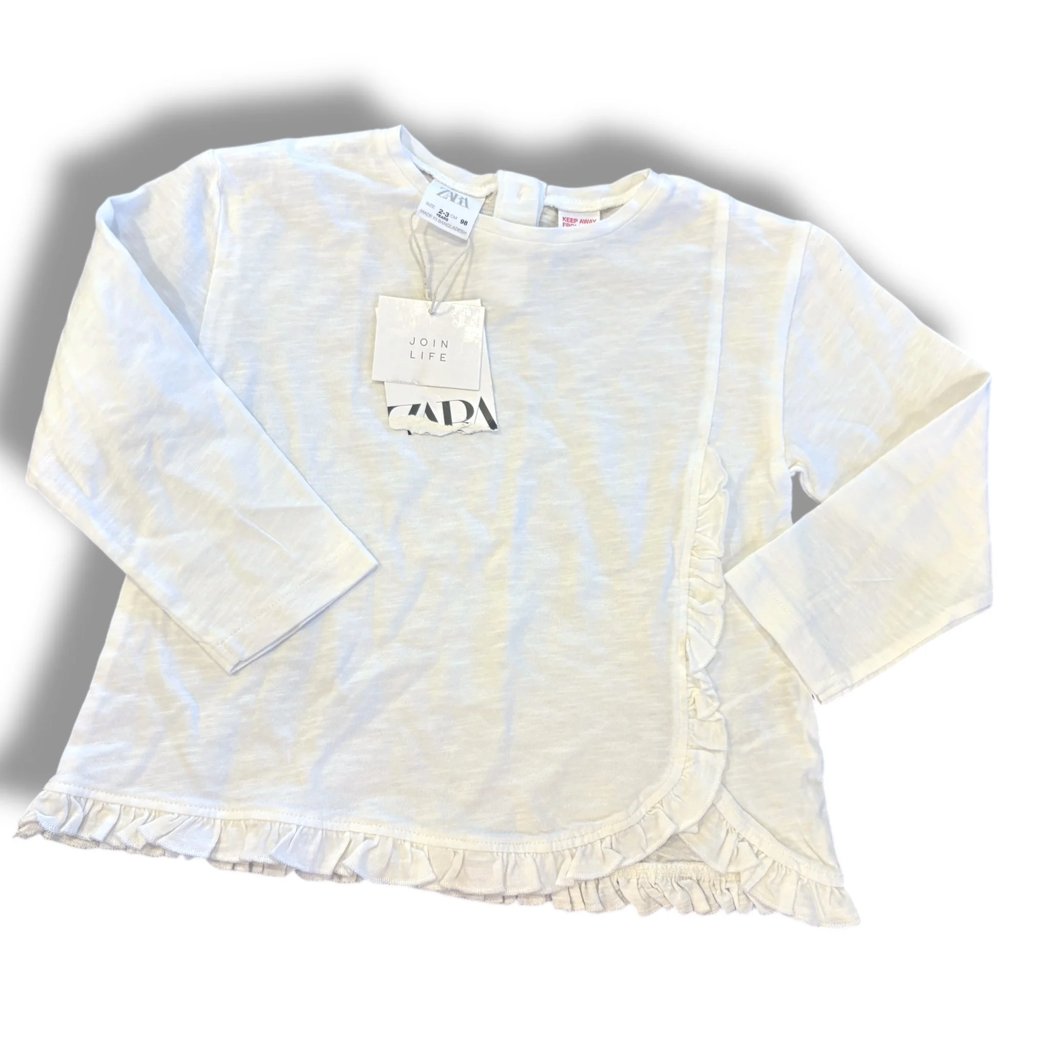 Size 2-3 Zara cream long sleeve tee with ruffle hem, NWT