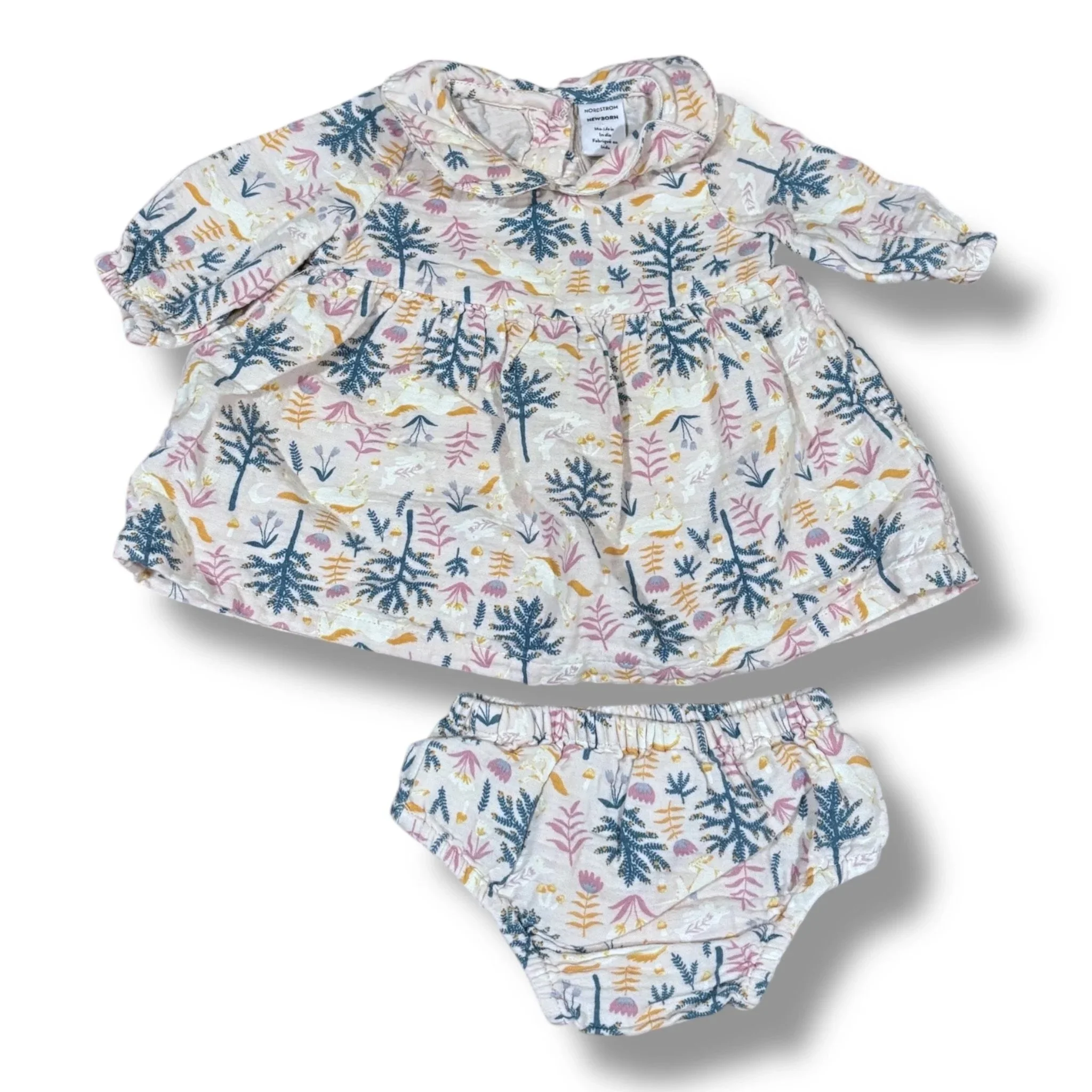 Size NB Nordstrom pale pink w/ yellow/lavender/green unicorns & plants; coordinating bloomer