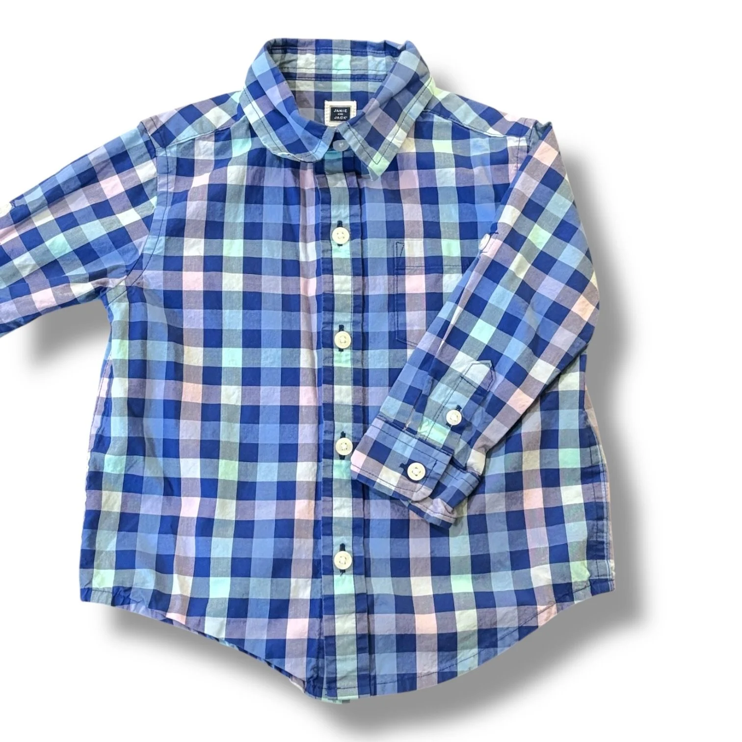 Size 12-18 month Janie and Jack royal blue/purple/mint green plaid button-up shirt