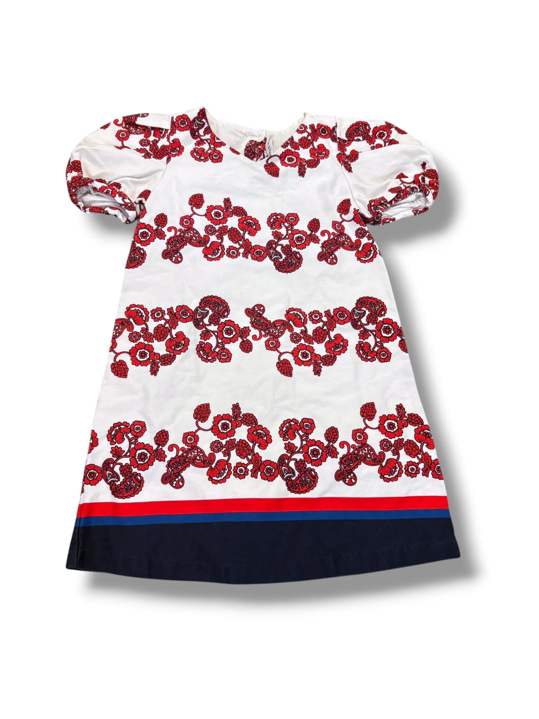 Size 6 Janie and Jack white structured cotton dress w/ red/navy paisley stripes, red/blue/navy trim