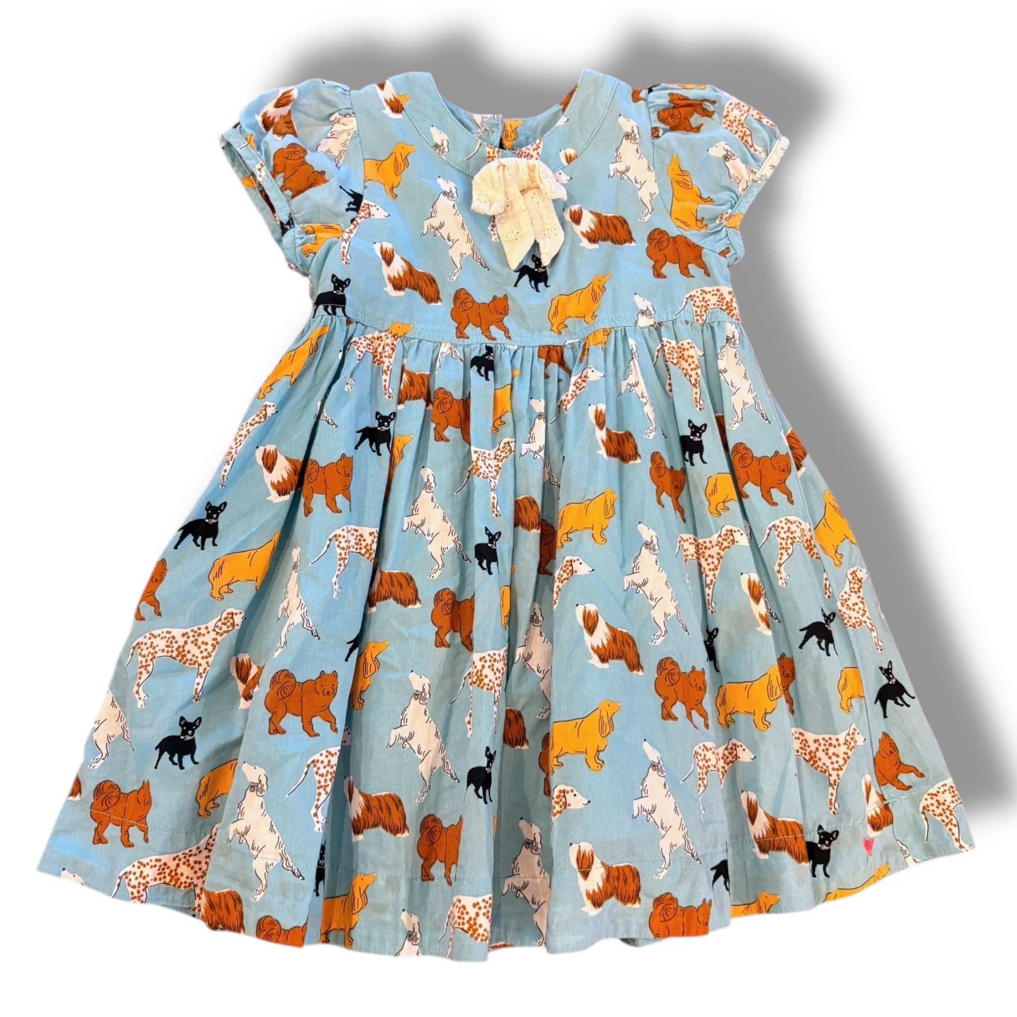 Size 2 Pink Chicken blue dress with dogs and cream bow