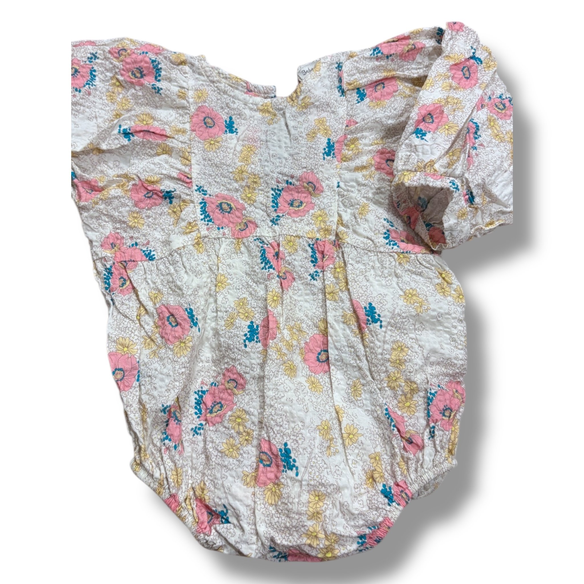 Size 6 month Bebe organic cream long sleeve bubble with pink/blue flowers