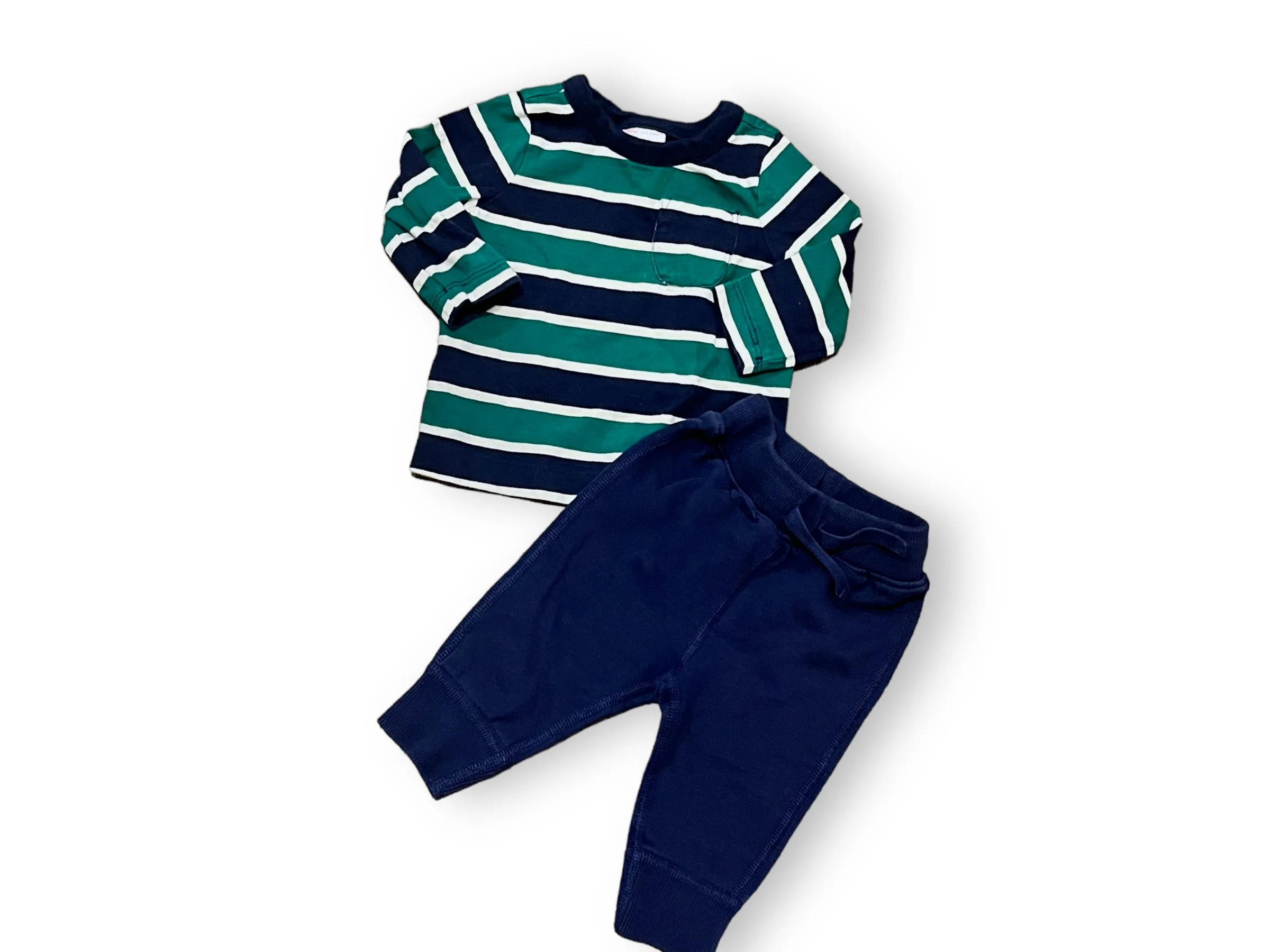 Size 3-6 month Hanna Andersson green/navy/white stripe long sleeve tee and navy pants
