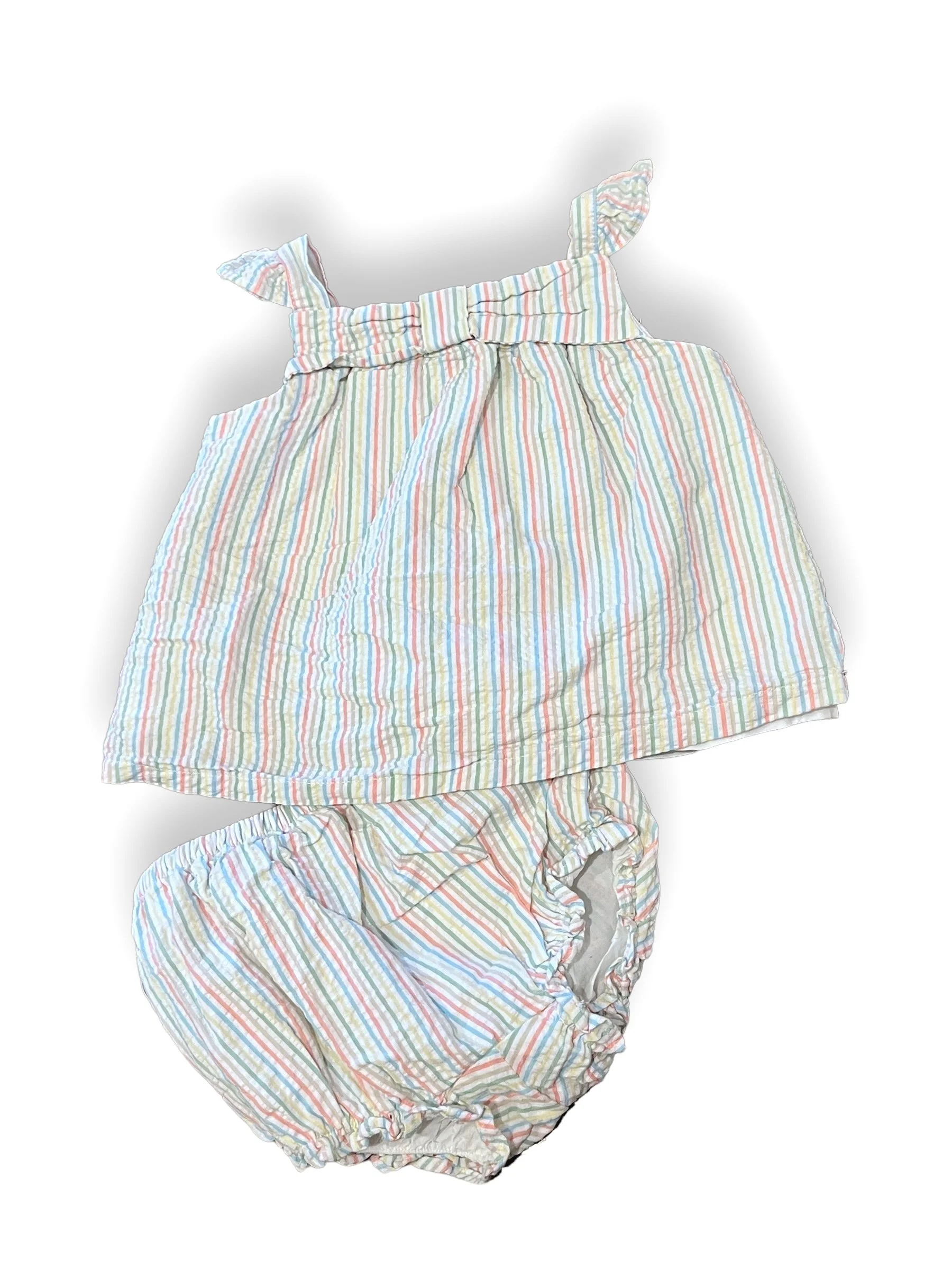 Size 6-12 month Janie and jack pastel rainbow seersucker tank, bloomer set- wash wear