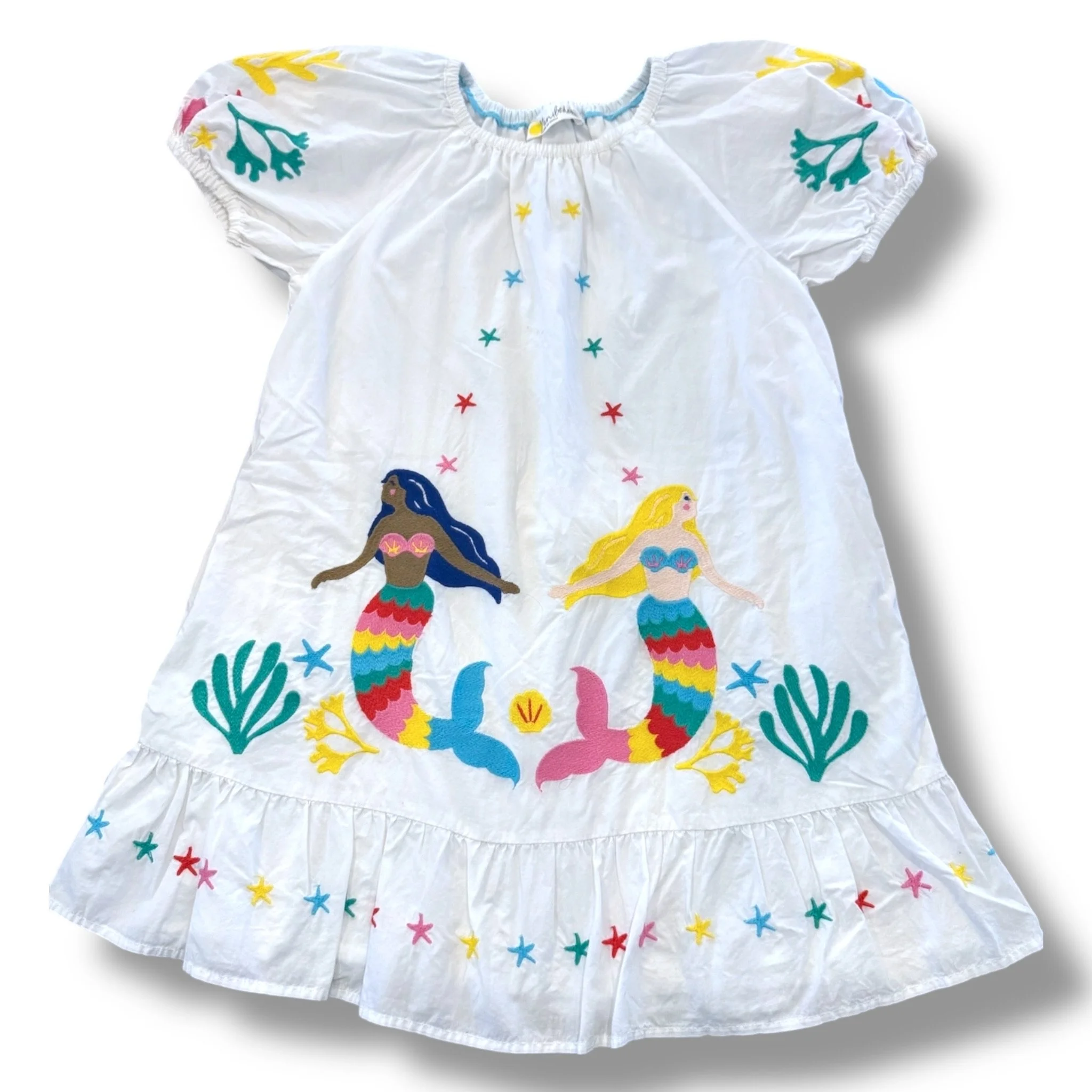 Size 4-5 Boden white dress with embroidered mermaids- small untreated stain