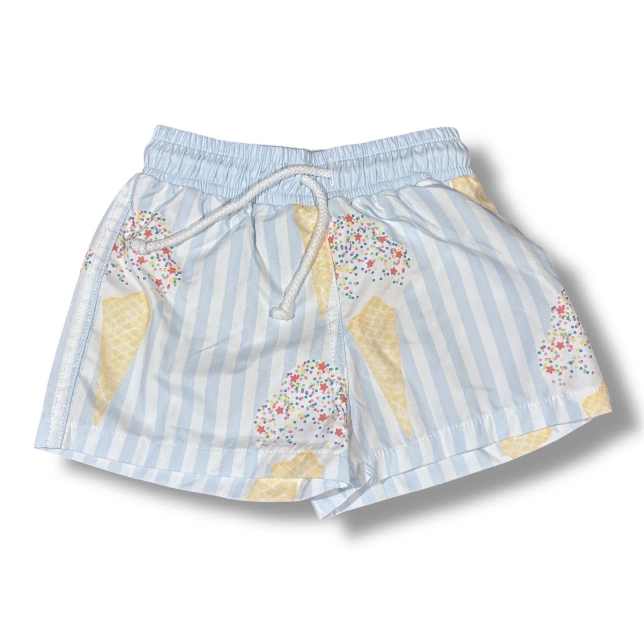 Size 6 month Sal & Pimenta light blue/white striped swim trunks w/ ice cream cones