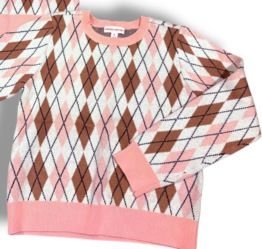 Size 6 Design History cream/pink/brown argyle sweater
