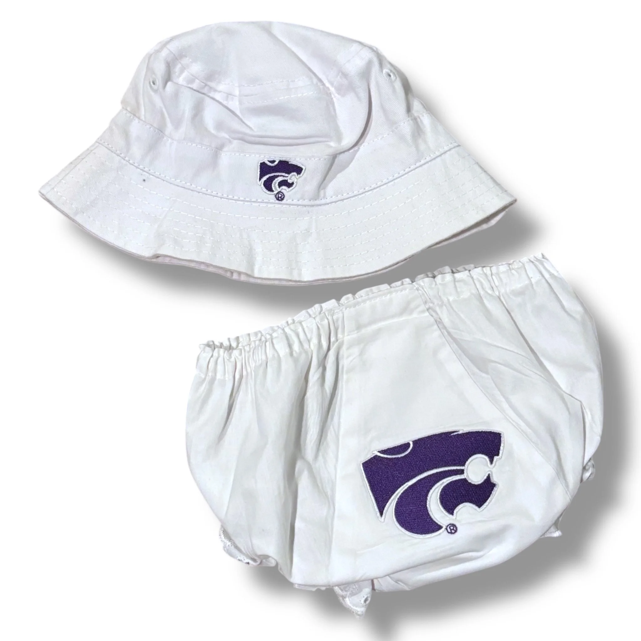 Size NB Two Feet Ahead KSU white bloomers and bucket hat set