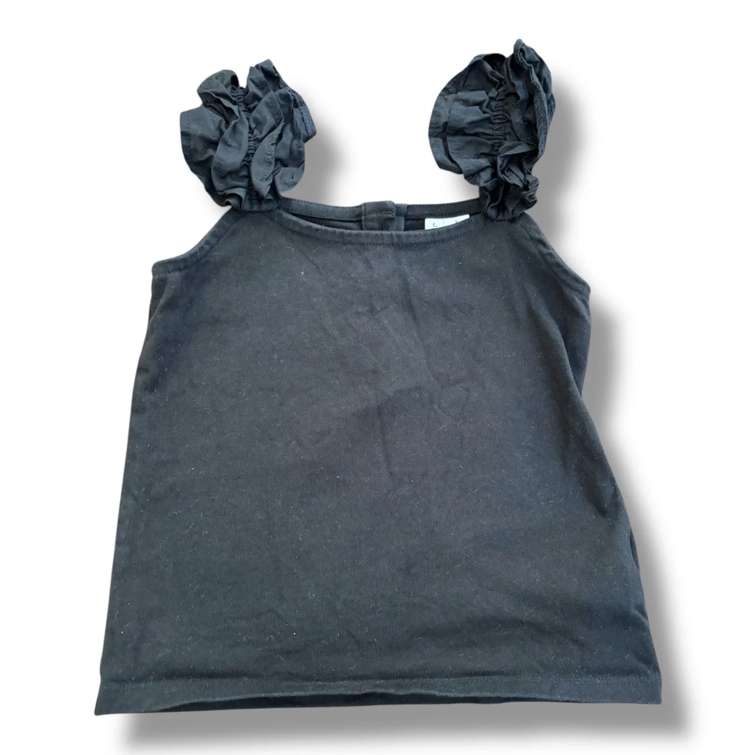 Size 5 Janie and Jack black sleeveless shirt w/ ruffle straps, buttons on back
