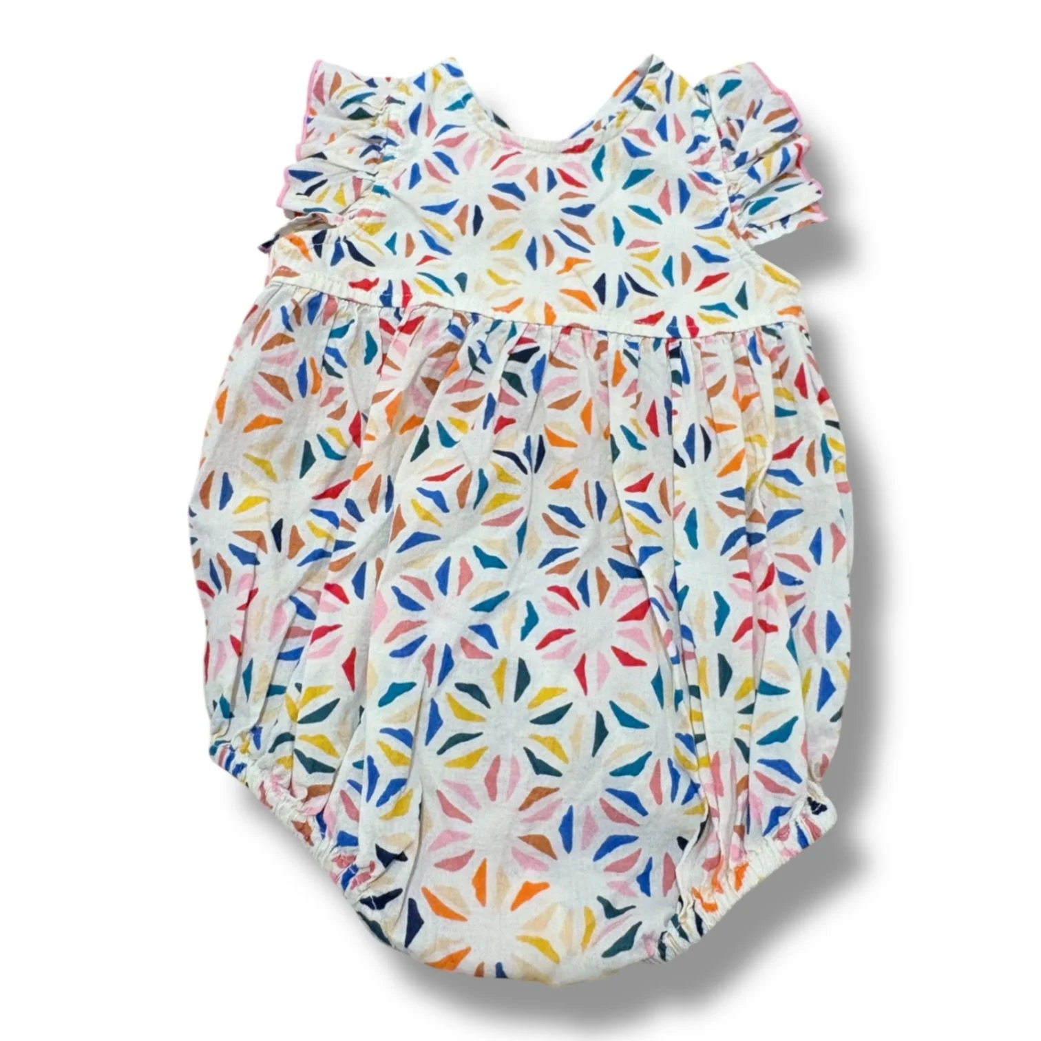 Size 6-12 month Pink chicken cream bubble with multicolor abstract flowers