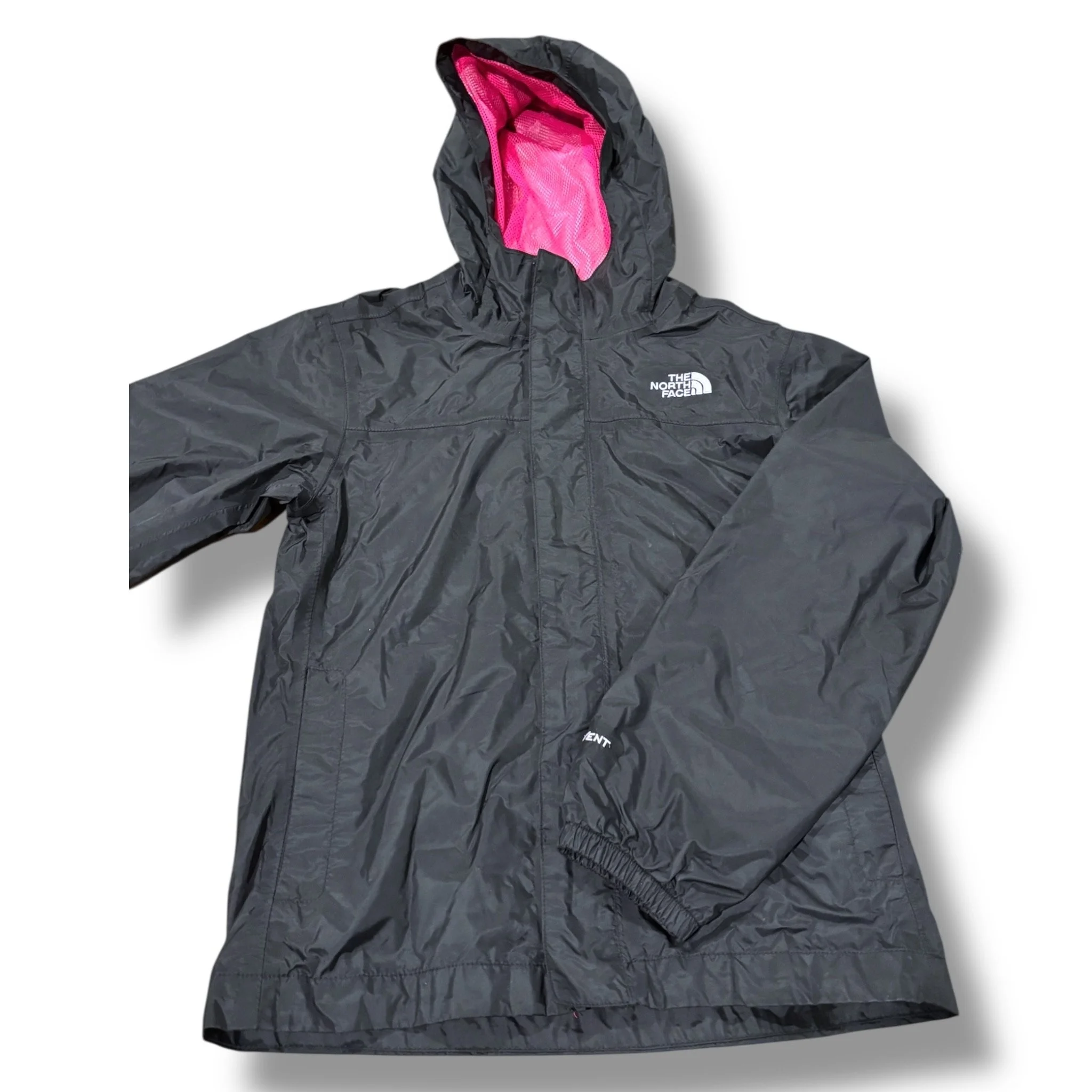 Size 10/12 The North Face black rain jacket w/ magenta mesh lining
