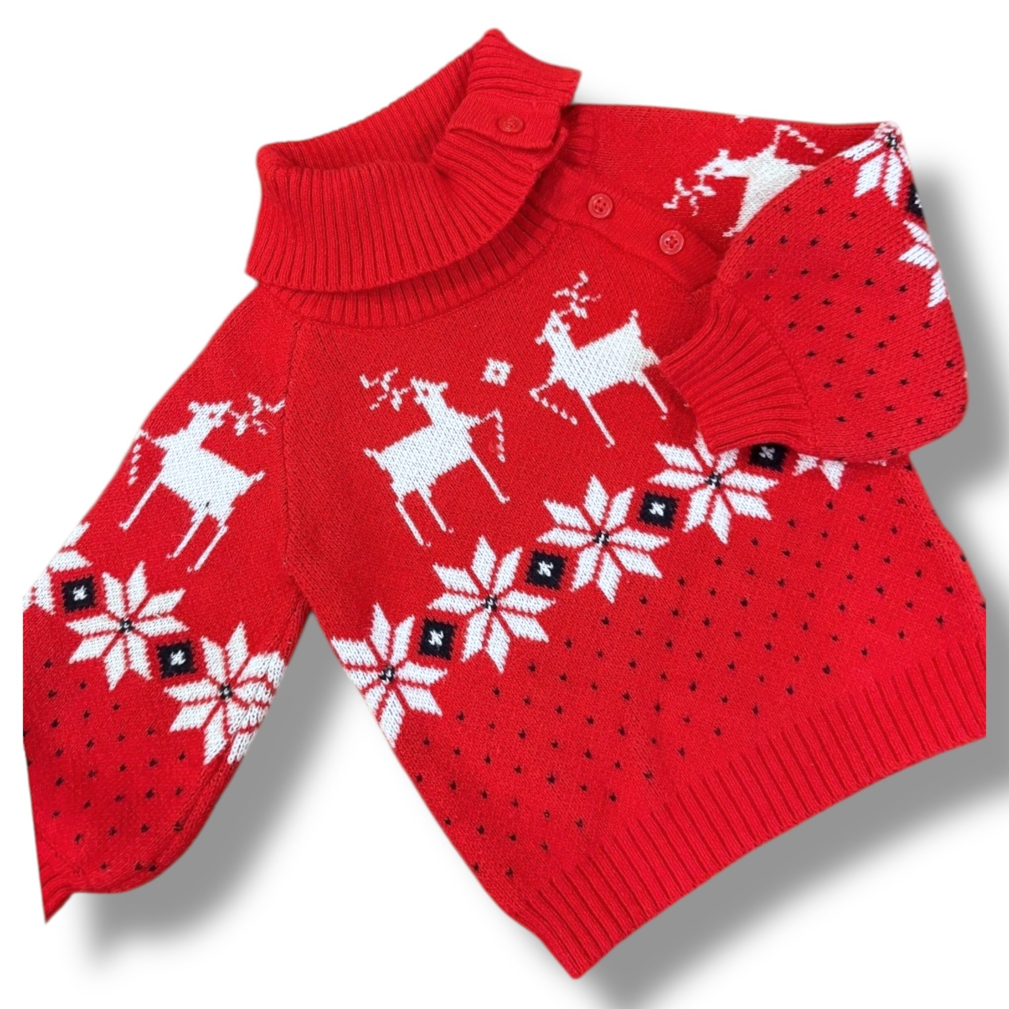 Size 18-24 month Janie & Jack red turtleneck sweater w/ reindeer, snowflakes