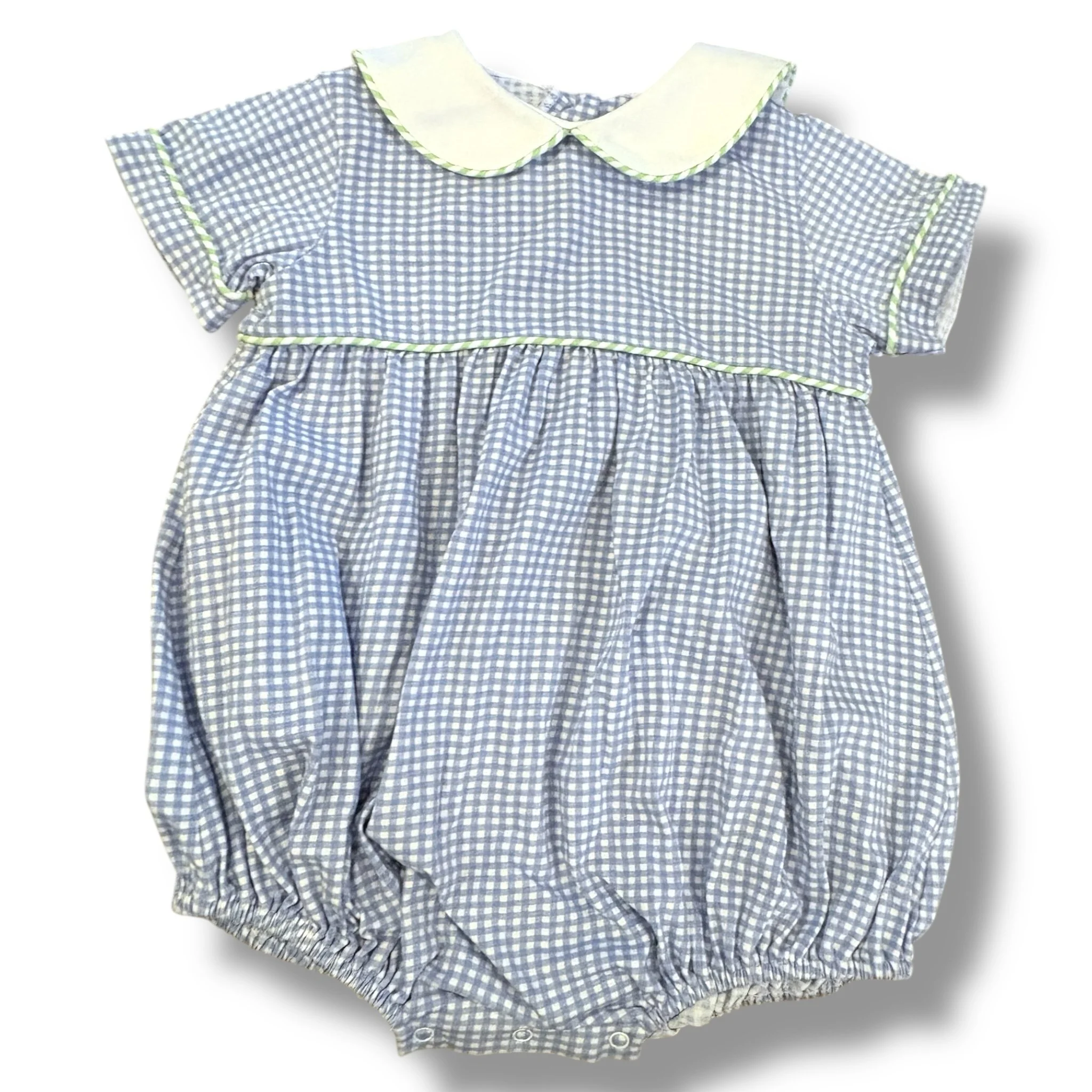 Size 3 Shrimp and grits blue/white check knit bubble with collar, green/white trim
