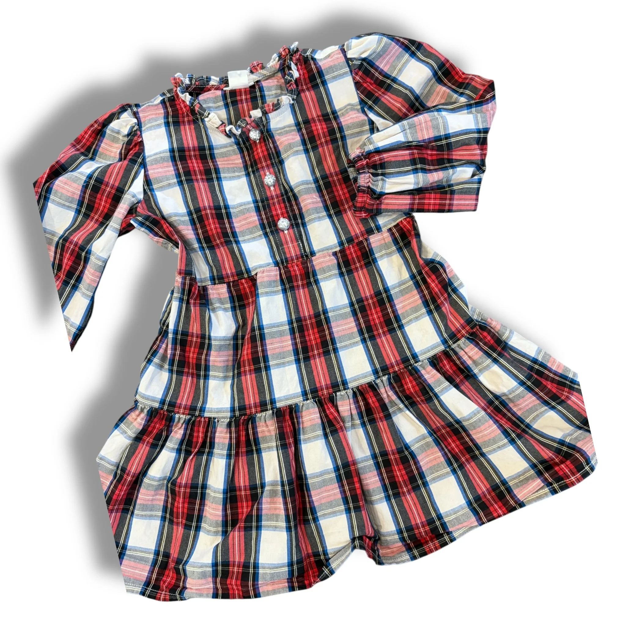 Size 4 Crewcuts cream/red/green plaid dress with sparkle buttons