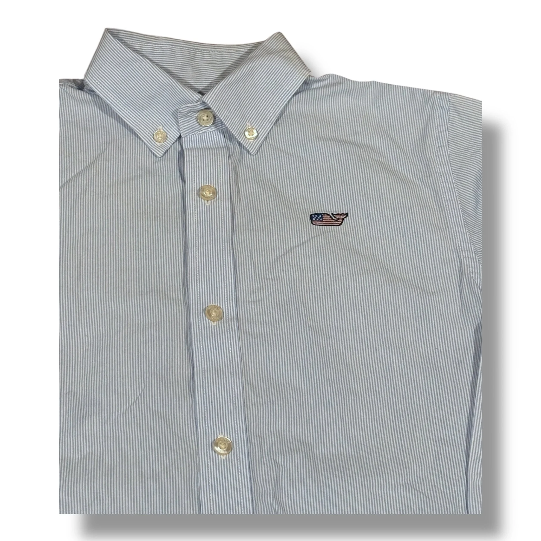 Size 8-10 Vineyard Vines light blue/white vertical striped buttondown shirt w/ American Flag whale