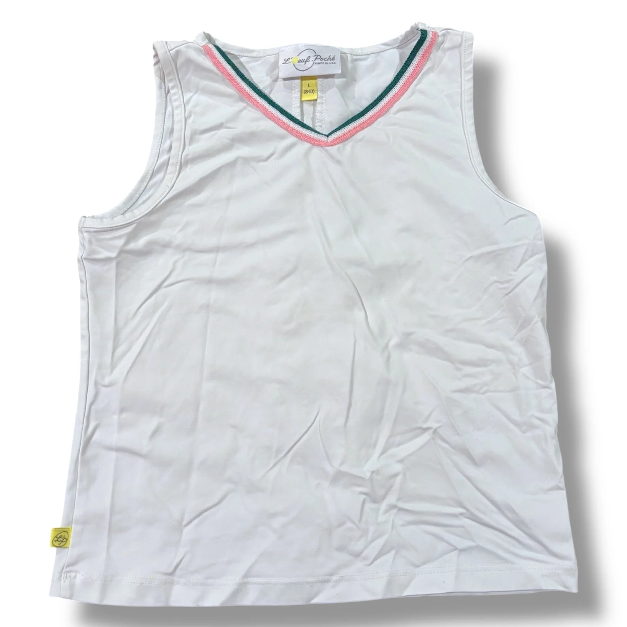 Size 8-10 (L) L’Oeuf Poche white performance tank  w/ pink/green trim