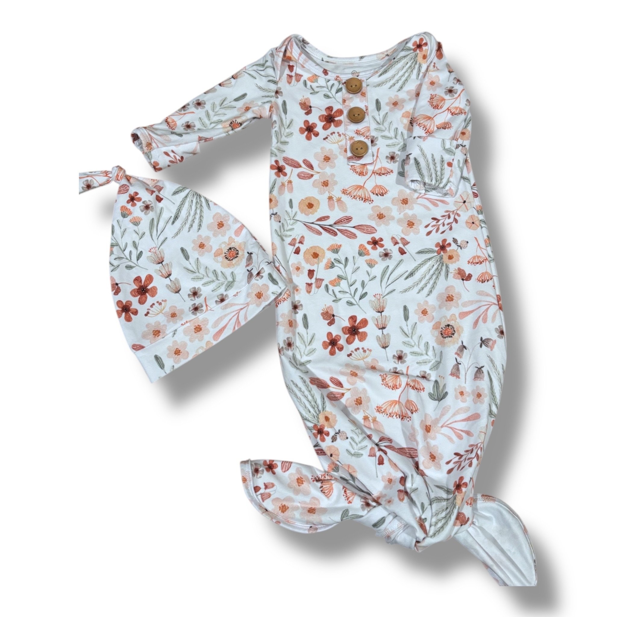 Size 0-3 month Caden Lane white knotted gown w/ green/muted pink/orange florals, coordinating hat