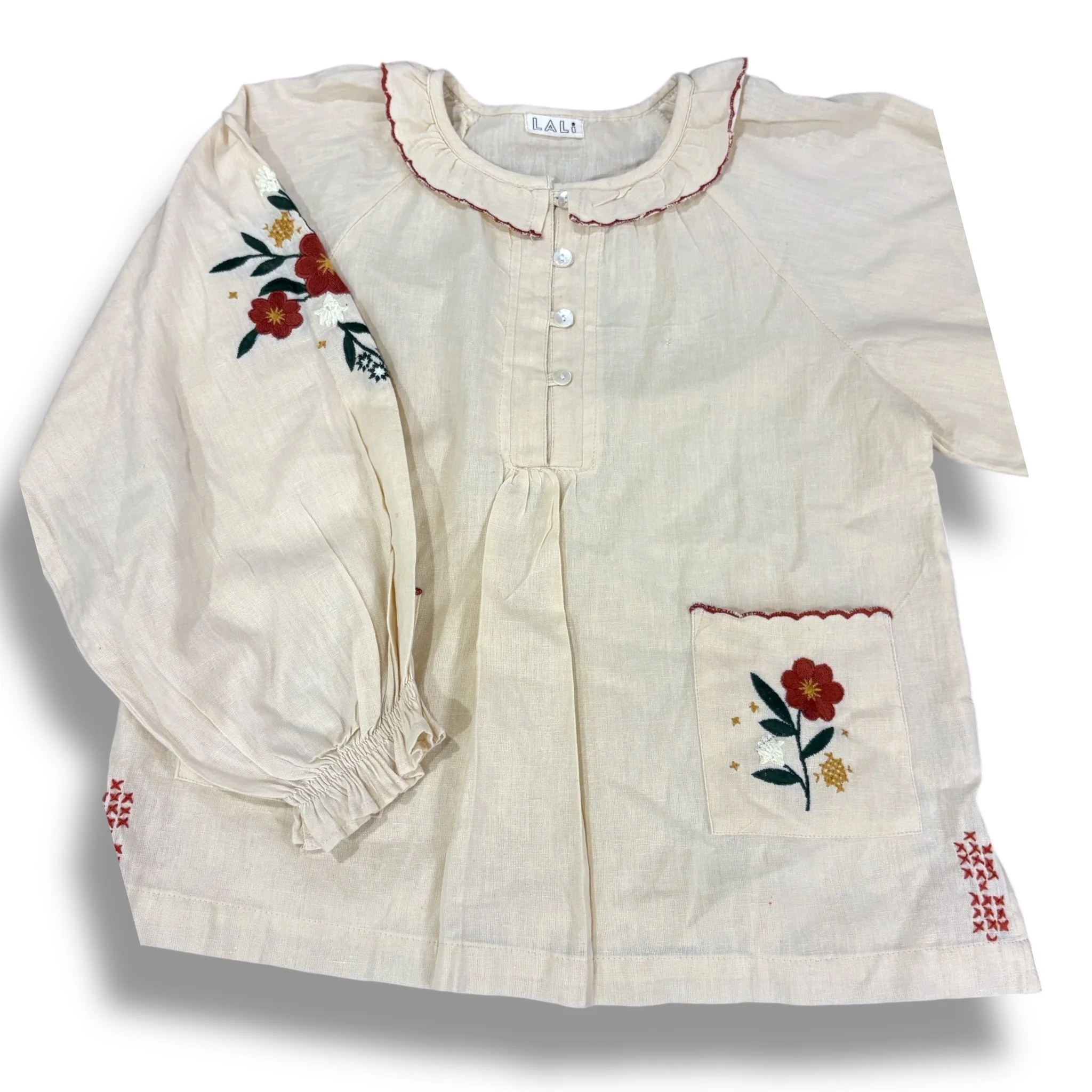 Size 8 lali tan long sleeve linen top with embroidered flowers, ruffle neckline, buttons