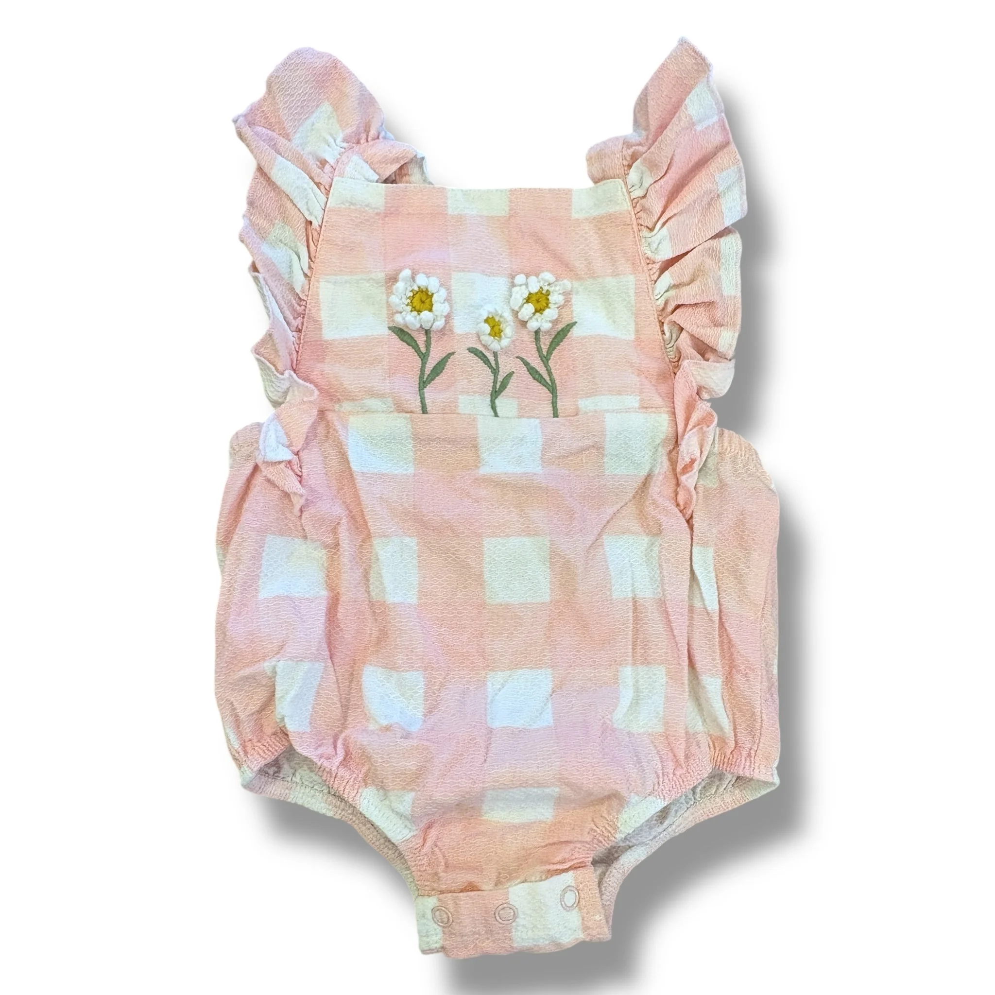 Size 9-12 month Mudpie pink/white check bubble with three white embroidered flowers