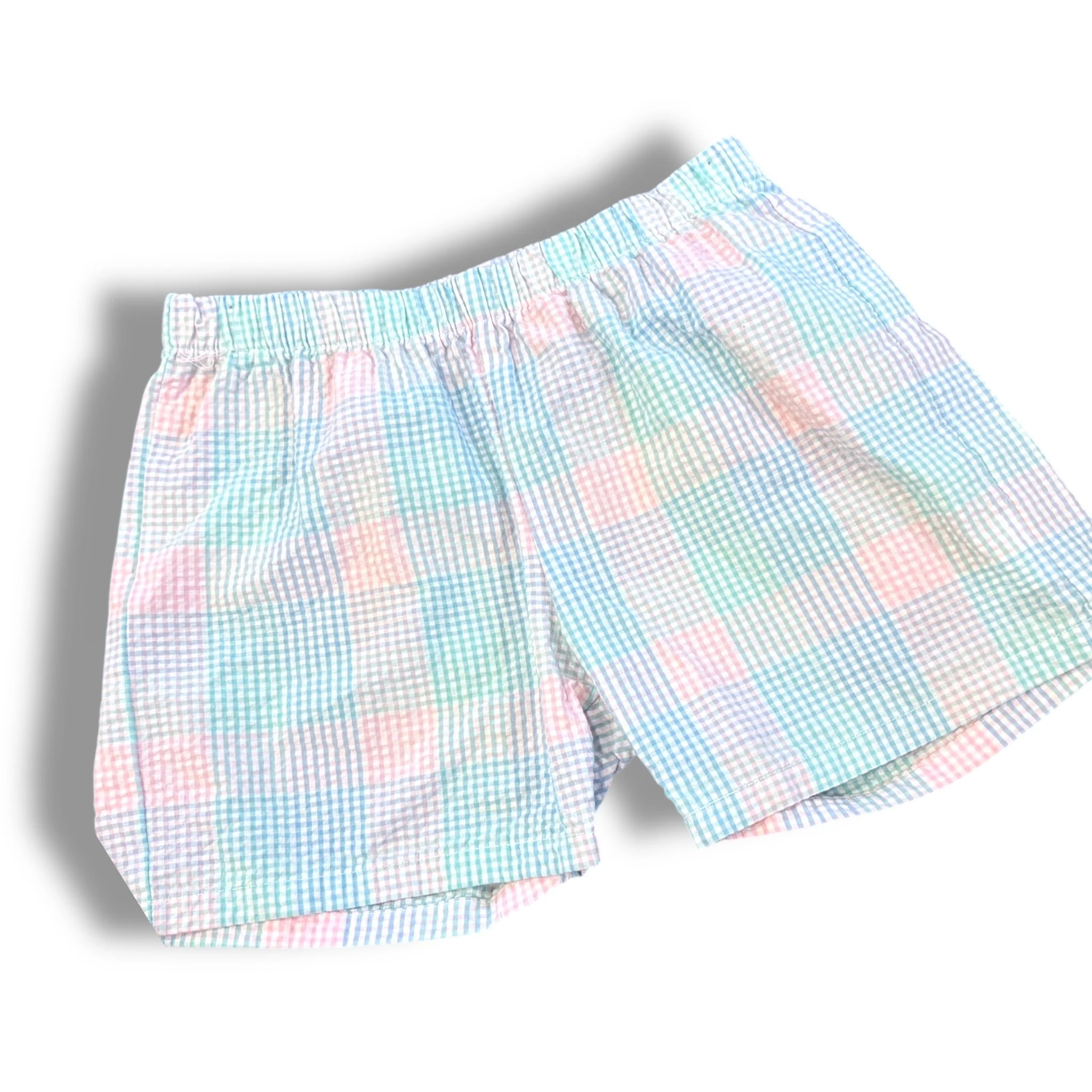 Size 5 Little english pastel plaid pull on shorts- pink/blue/aqua
