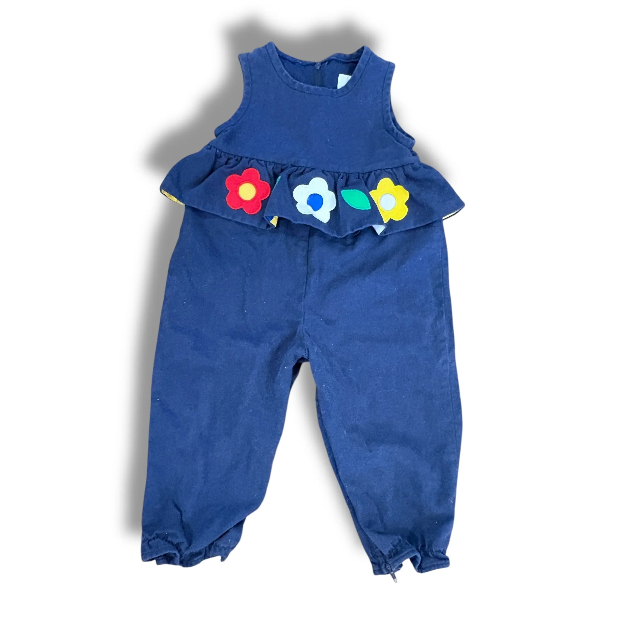 SIze 24 month Florence eiseman navy romper with ruffle waist with flower applique, wash fade