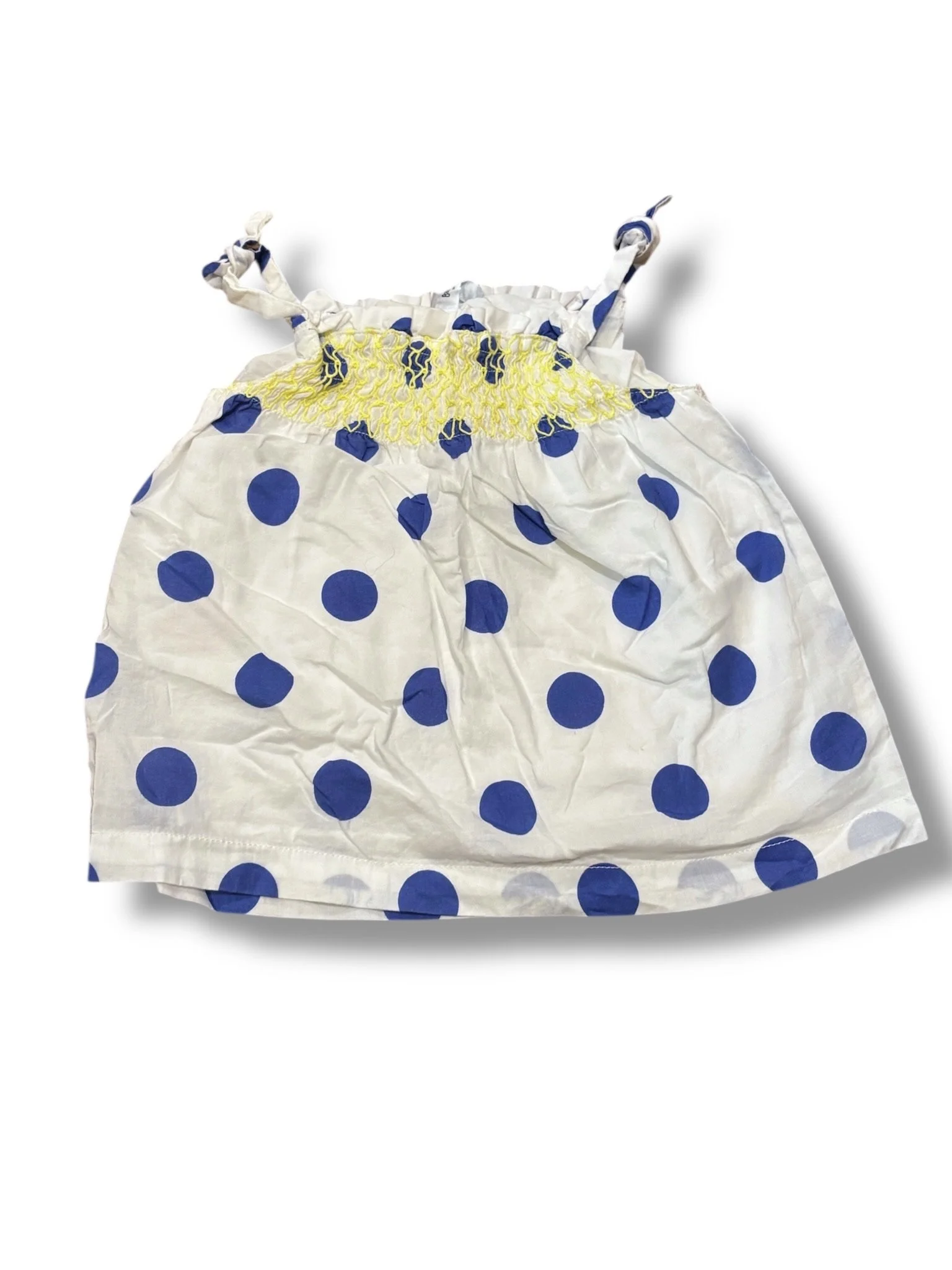 Size 3-6 month Boden white dress w/ royal blue polka dots, yellow smocking